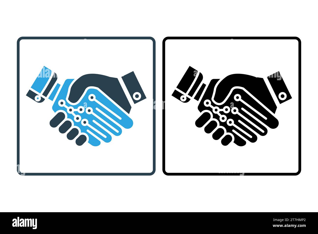 Handshake-Symbol. Zusammenarbeit mit menschlichen Maschinen. Handschlag zwischen einer menschlichen Hand und einer Roboterhand. Symbol für künstliche Intelligenz. Symbol „styl“ (durchgehend) Stock Vektor