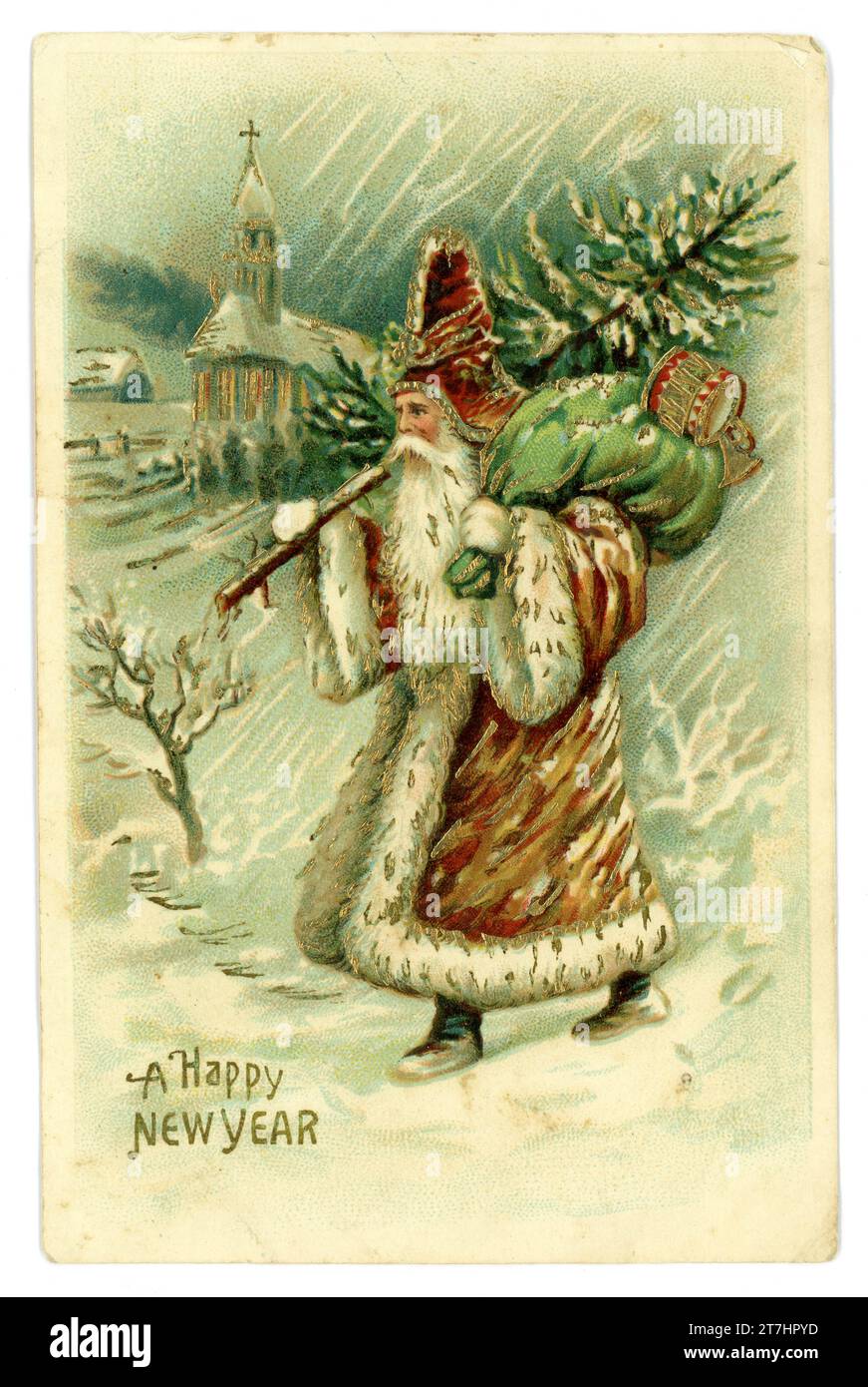 Originale Postkarte des frühen Stils der Weihnachtsmann trägt einen braunen Mantel, trägt einen grünen Sack, trägt Spielzeug und einen Baum im Schnee, ein glückliches neues Jahr ist eine Begrüßung. Pub von The Novelty Postcard Co. Liverpool. Um 1905 Stockfoto