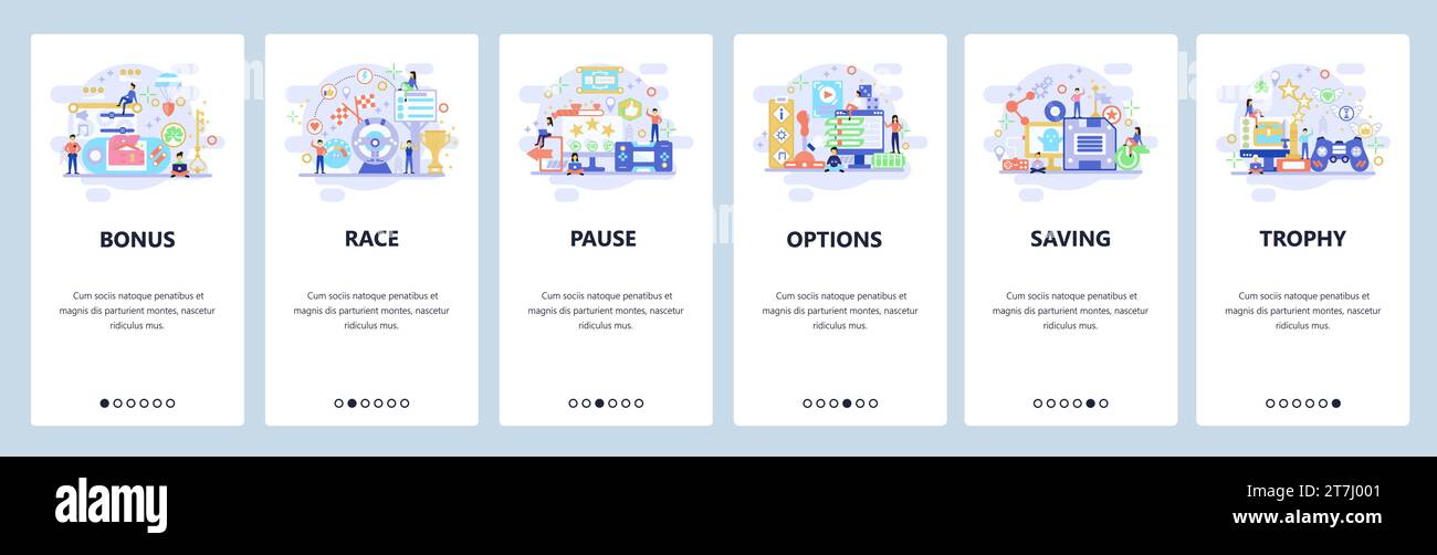 Onboarding-Bildschirme für mobile Apps. Computerspiele, Cybersport, Spieloptionen, Rennen. Menüvektorbanner-Vorlage für Website- und mobile Entwicklung. Web Sit Stock Vektor