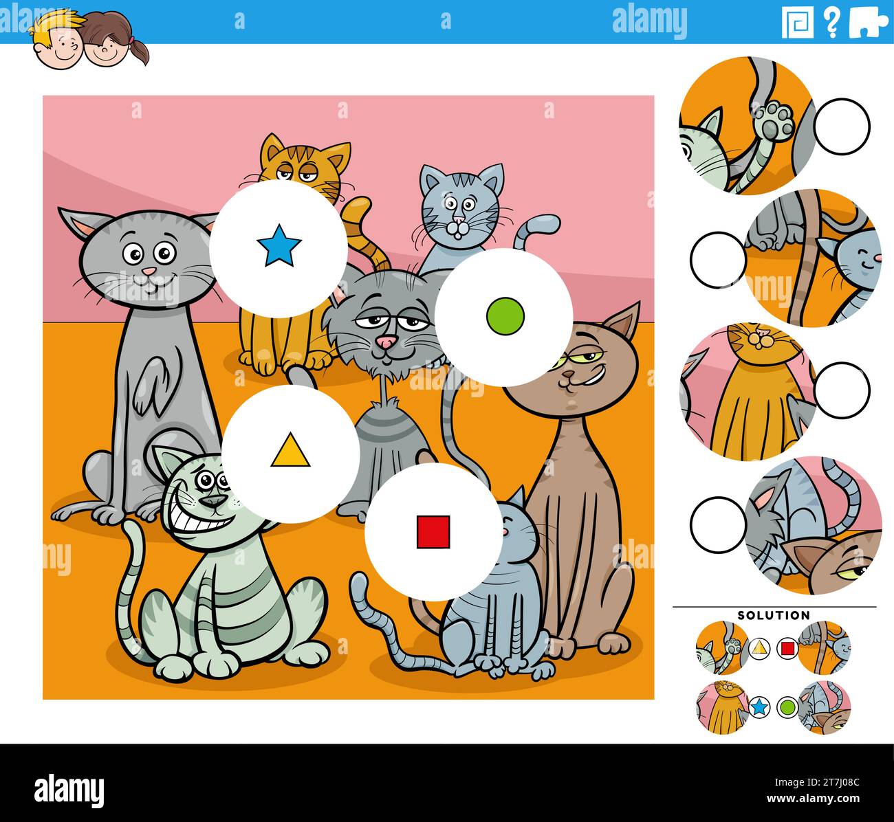 Zeichentrickillustration von pädagogischen Match the Pieces Puzzle-Aktivität mit lustigen Katzen Tierfiguren Stock Vektor