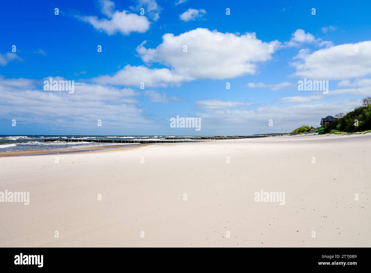 Strand in der Nähe von Niechorze in Polen. Natürliche Küste an der polnischen Ostsee, mit weißem Sand. Landschaft am Meer. Stockfoto