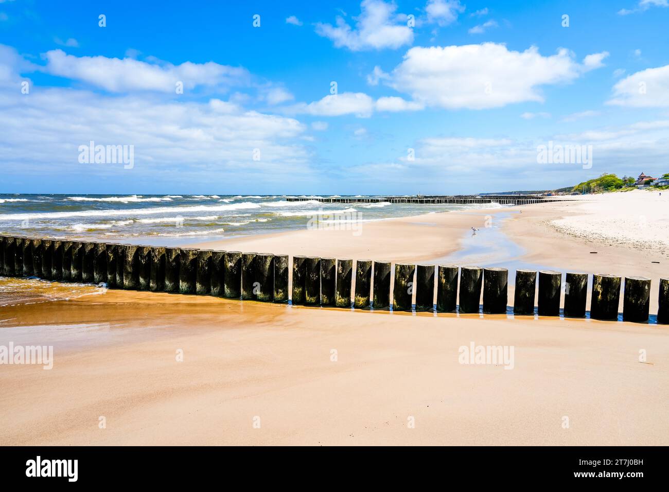 Strand in der Nähe von Niechorze in Polen. Natürliche Küste an der polnischen Ostsee, mit weißem Sand. Landschaft am Meer. Stockfoto