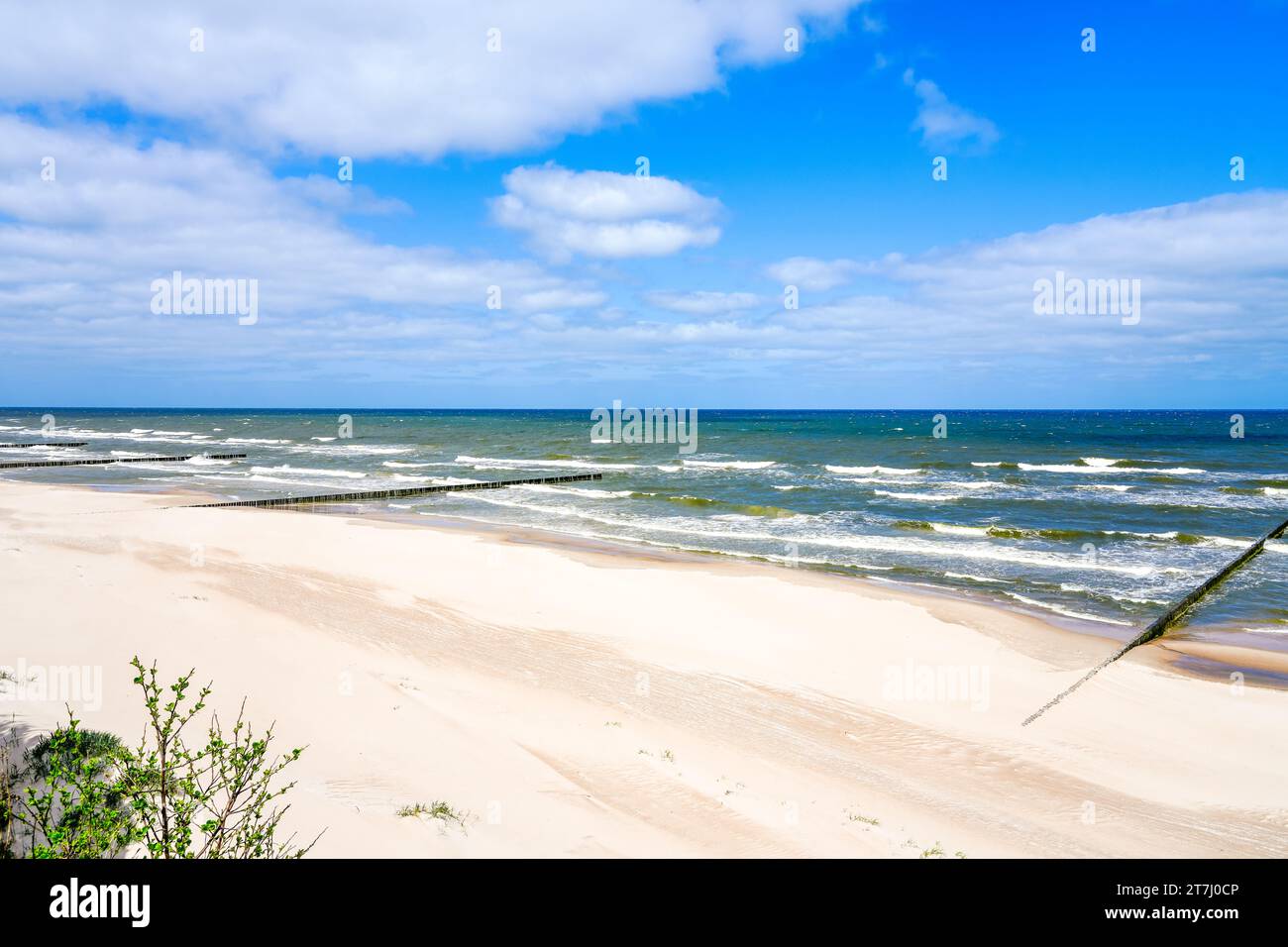 Strand in der Nähe von Trzesacz in Polen. Natürliche Küste an der polnischen Ostsee mit weißem Sand. Landschaft am Meer in Westpommern. Stockfoto
