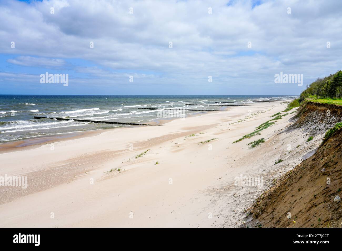 Strand in der Nähe von Trzesacz in Polen. Natürliche Küste an der polnischen Ostsee mit weißem Sand. Landschaft am Meer in Westpommern. Stockfoto