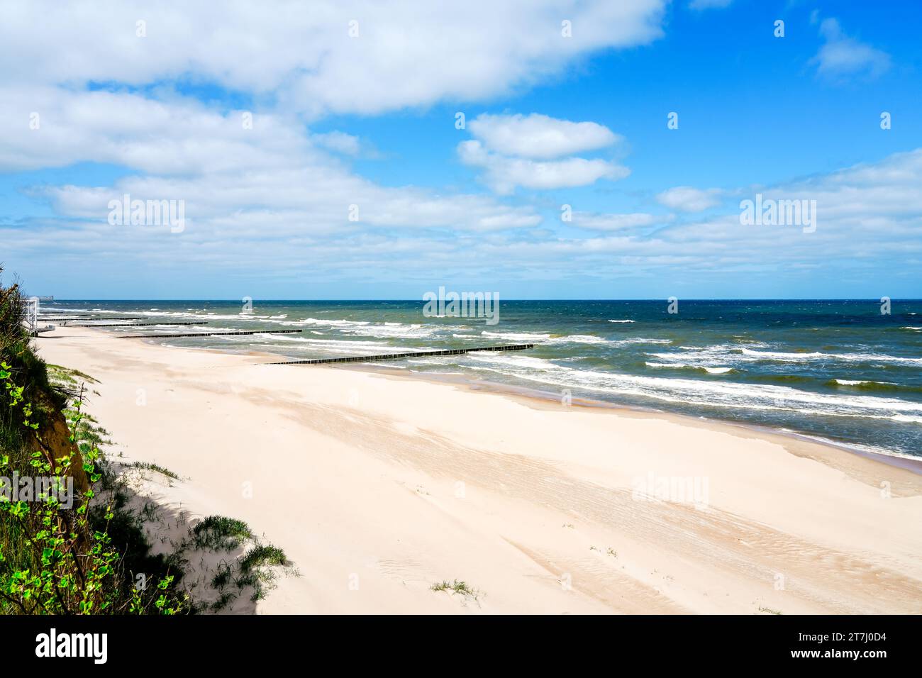 Strand in der Nähe von Trzesacz in Polen. Natürliche Küste an der polnischen Ostsee mit weißem Sand. Landschaft am Meer in Westpommern. Stockfoto