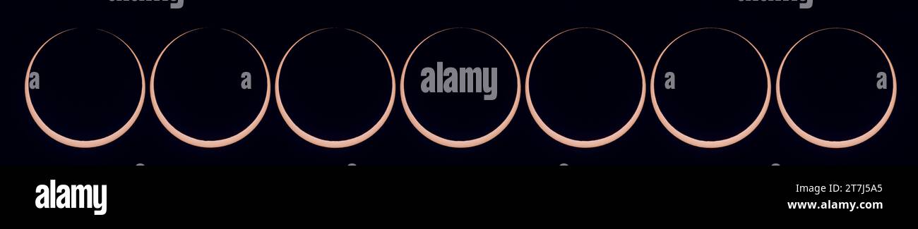 Die ringförmige Sonnenfinsternis am 14. Oktober 2023, in einer Serie von Bildern, die bei einem zweiten Kontakt mit dem Mond, tangential zum inneren Gliedmaßen der Sonne, bei 1 aufgenommen wurden Stockfoto