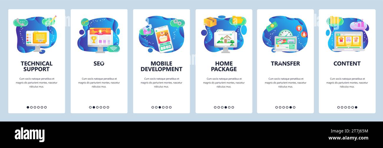 Onboarding für Website und mobile App. Vektorvorlage für Menübanner für die Website- und Anwendungsentwicklung. Technischer Support, SEO, Mobile Entwickler Stock Vektor