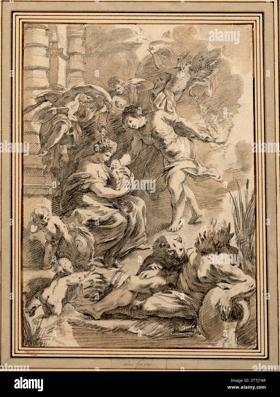 Laurent de La Hyre die Geburt der Maria von Medici (aus der Reihe der Geschichte der Regentin Maria von Medici bis Rubens). Schwarze Kreide, Pinsel, brauner Lavendel Stockfoto