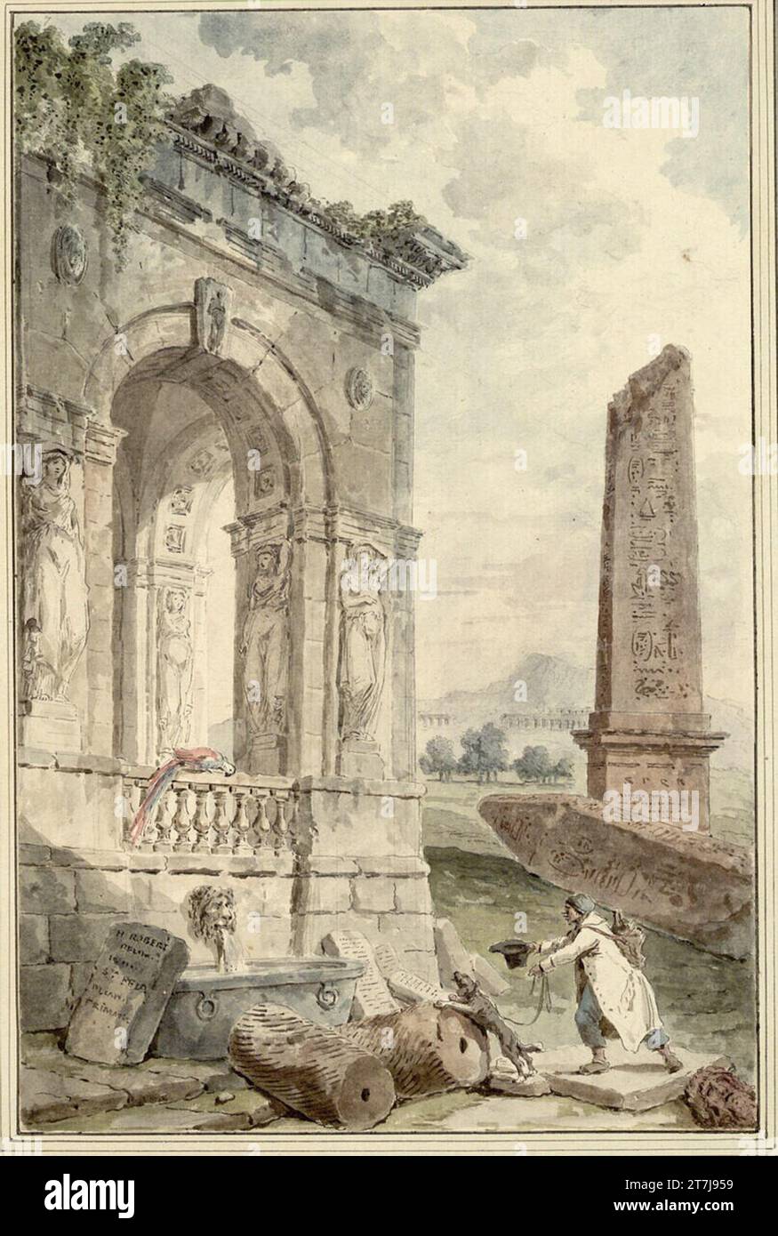 Hubert Robert ruiniert Landschaft mit Obelisken. Feder in schwarz, Aquarell, über Bleigriff 1793, 1793 Stockfoto