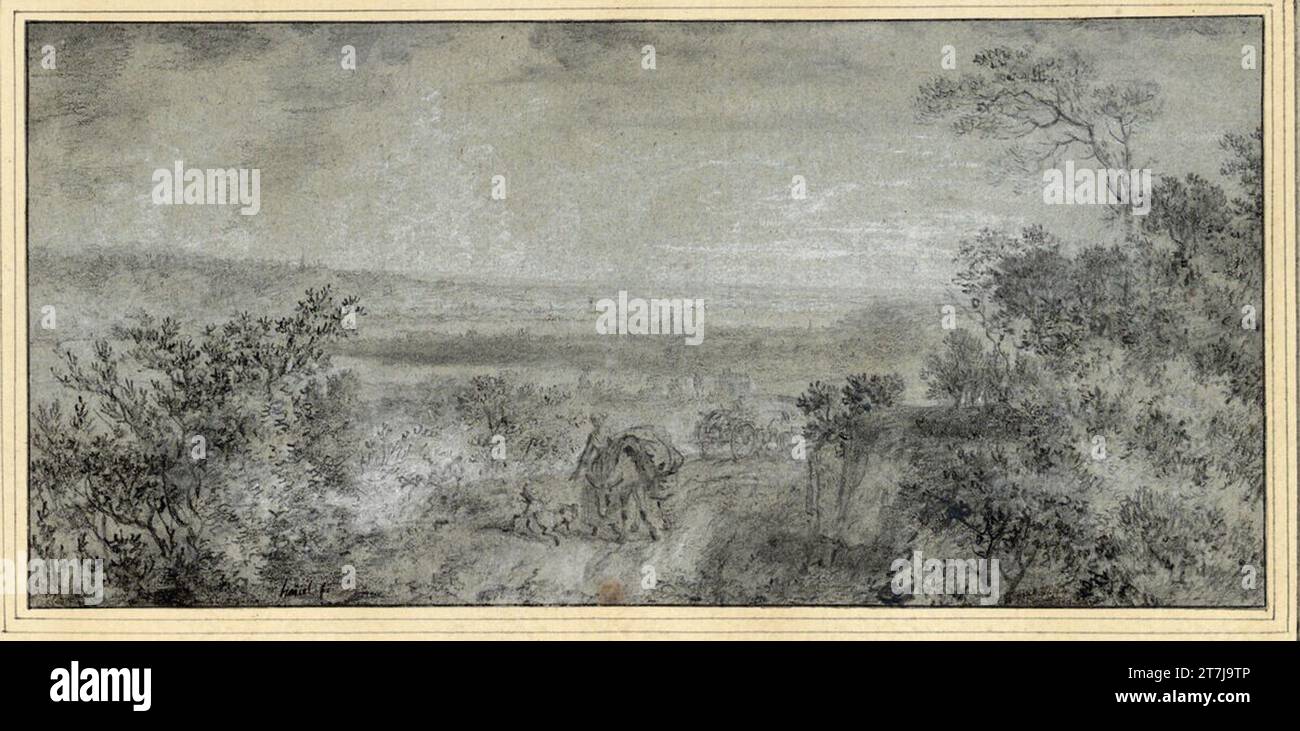 Jean Pierre Louis Laurent Houel Landstraße mit einem Bauer und einem gepackten Esel. Schwarze Steinkreide, Tinte, weiß gepeitscht Stockfoto