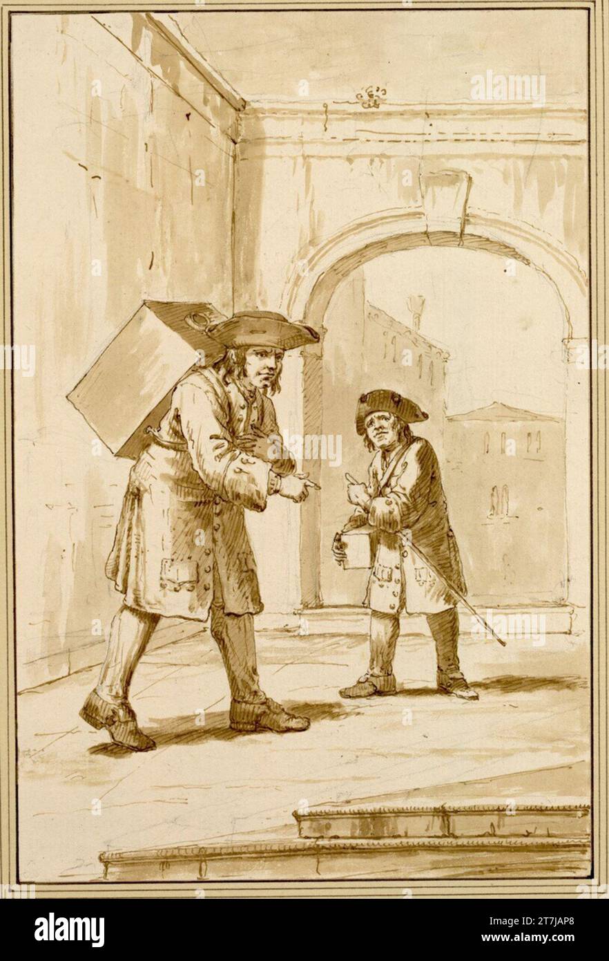 Giovanni Battista Jacoboni zwei Männer auf einem Bogengang, einer mit einem Kasten auf dem Rücken, der andere mit einem Handwerkskasten um die Schulter; zwei Stufen führen zu einem Gebäude auf der rechten Seite. Kreide; Feder; Lavate Stockfoto