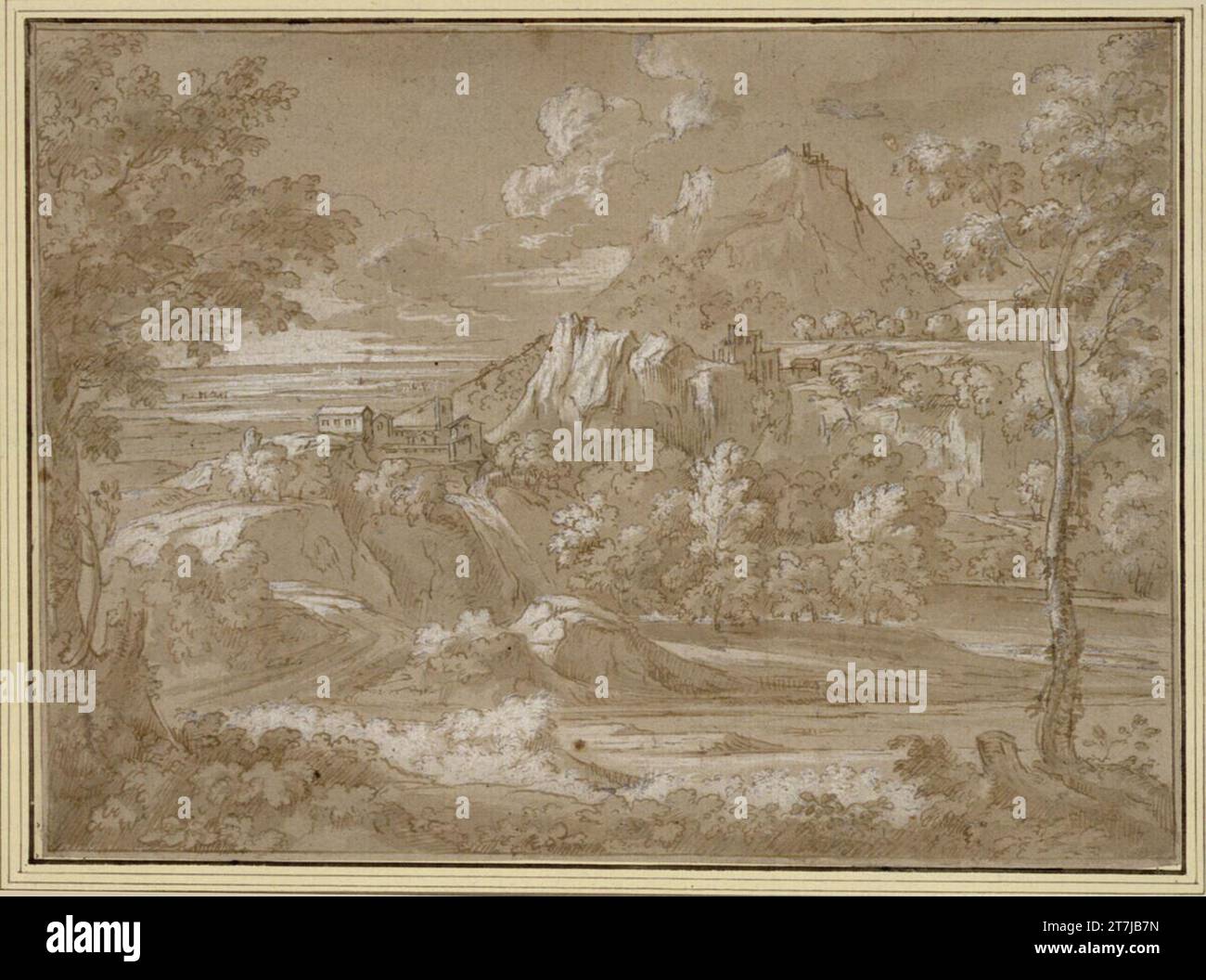 Abraham Genoels Südliche Landschaft. Feder in braun, grau-braun lavt, mit Deckweiß hoch, auf graubraunem Papier; das Deck weiß oxidiert stellenweise, einzelne kleine braune Flecken Stockfoto