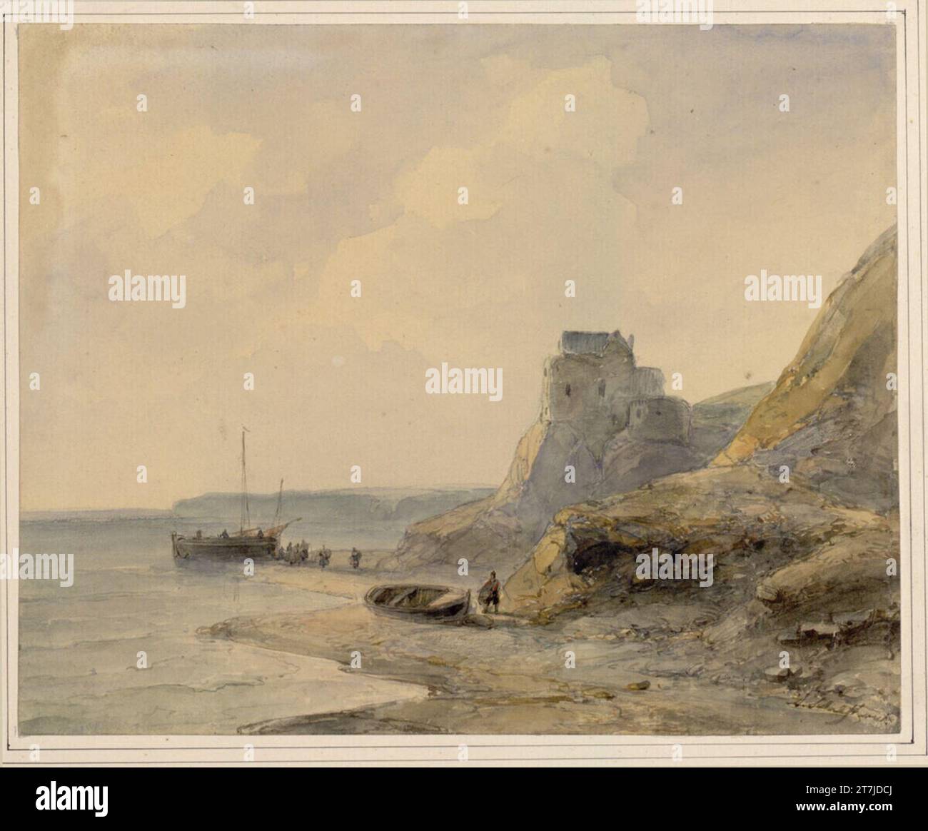 Andreas Schelfhout französische Küste im Abendlicht. Aquarell, über Graphit Bleistift; Li. Bräunlich dreckig oben an den Rändern Stockfoto