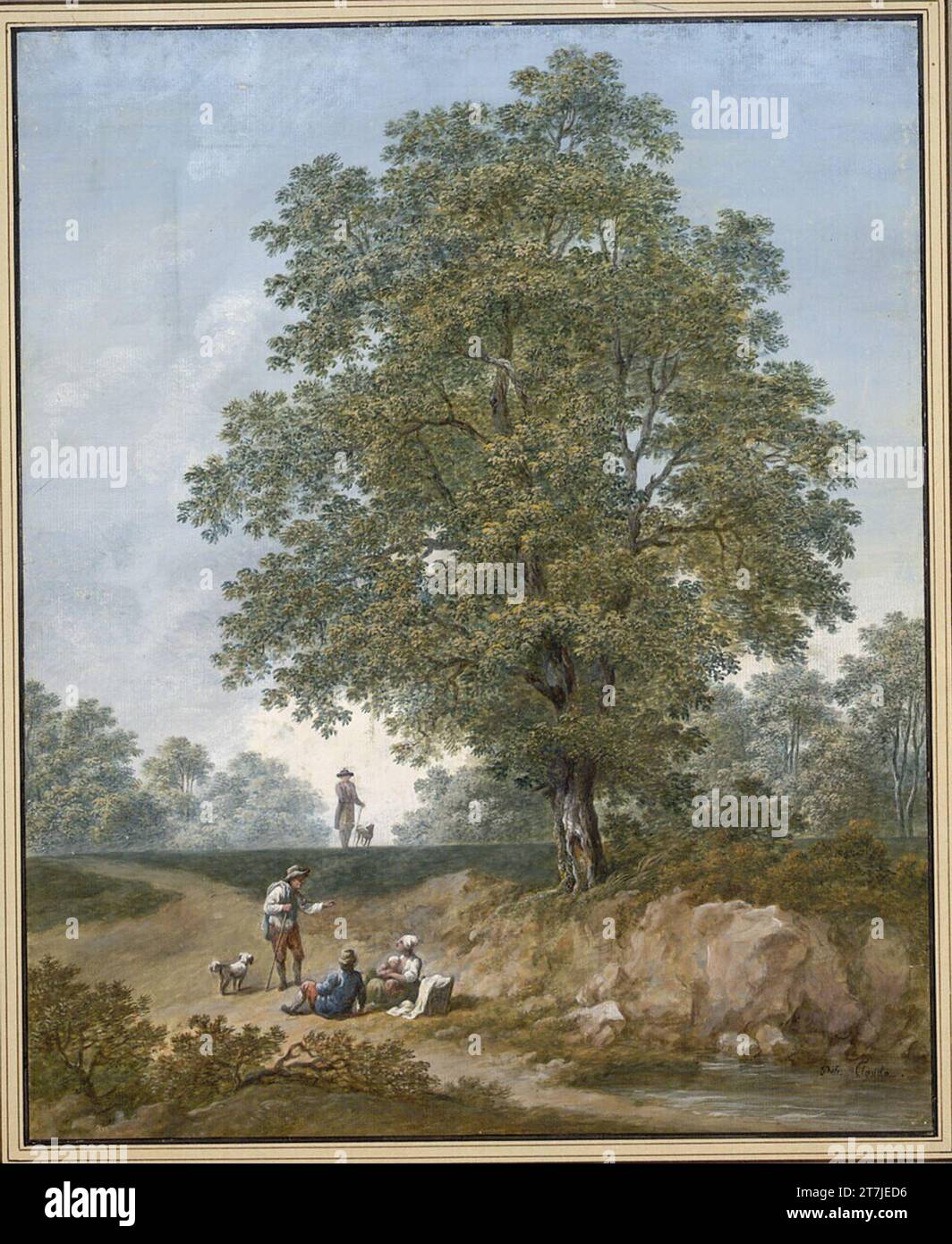 Peter (Petrus) Clauda (Petrus) Au Landschaft mit einer mächtigen Gruppe von Bäumen, unter der eine Familie von Bauern gelagert ist. Deckfarben, weiß getüncht; Schwarze Randlinie Stockfoto