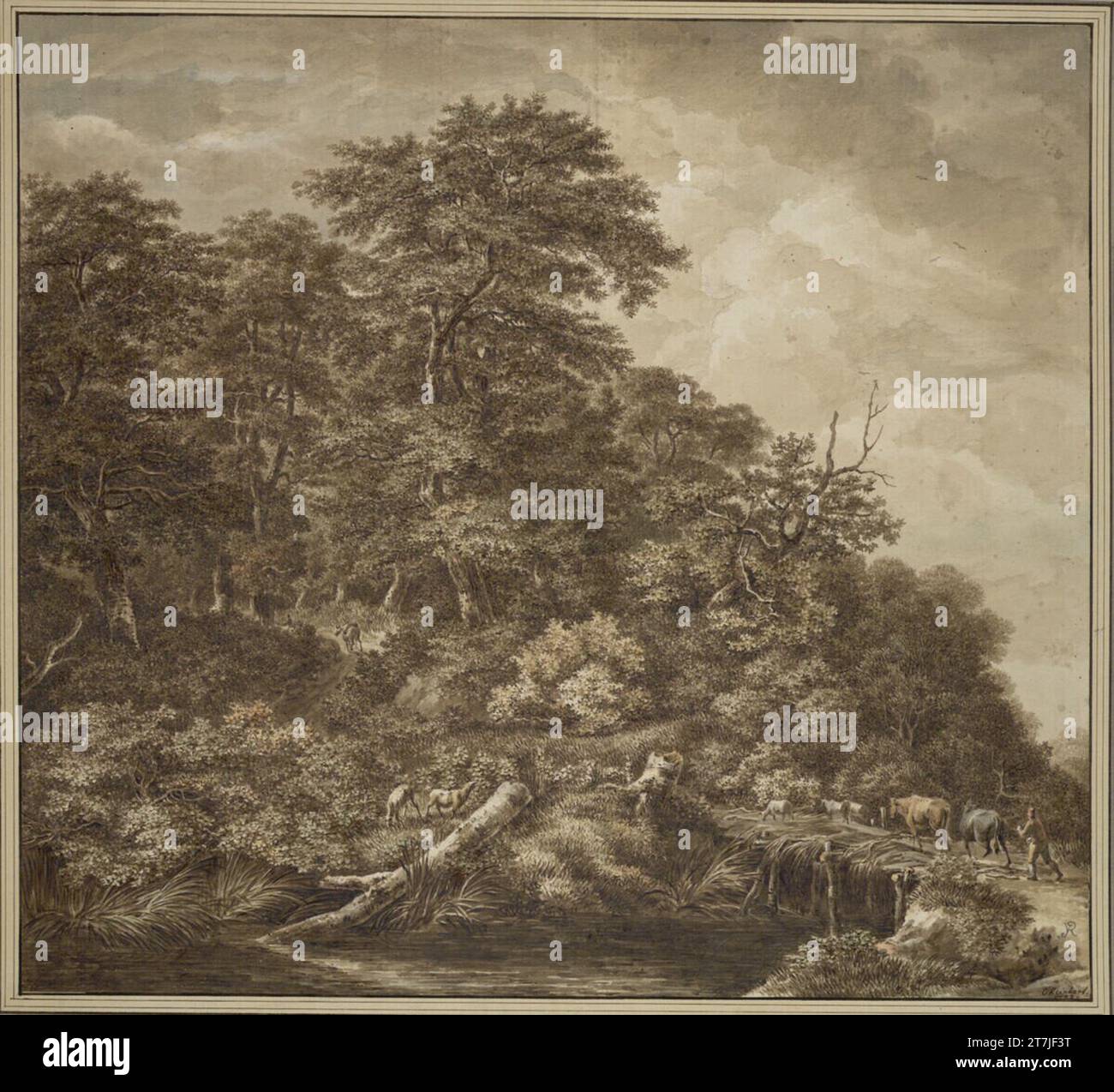 Johann Christian Reinhart Waldlandschaft mit Hirten und Herde. Pinsel in Braun, laviert, Aquarell, an Stellen mit einem Pinsel in weiß, über Bleistift, in den dunklen Teilen Glanz erhöht 1782 , 1782 Stockfoto