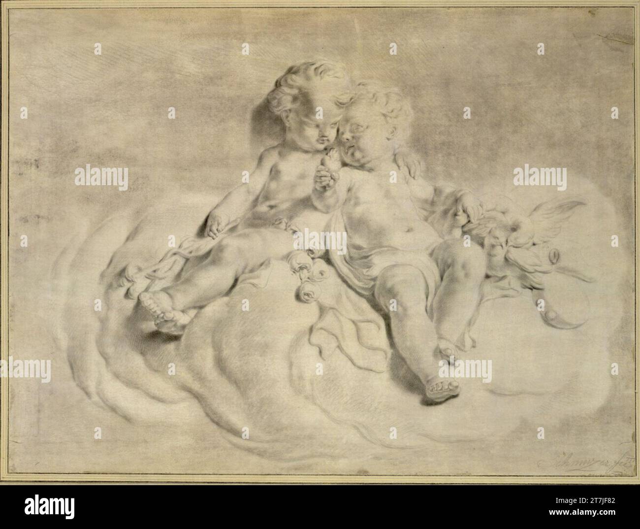 Jacob Matthias Schmutzer zwei Puttener mit Quecksilber, Rosen, Flammenherz, Tauben und Tamburin auf Wolken. Bleistift, schwarz-weiße Kreide 1777 , 1777 Stockfoto Jacob Matthias Schmutzer zwei Puttener mit Quecksilber, Rosen, Flammenherz, Tauben und Tamburin auf Wolken. Bleistift, schwarz-weiße Kreide 1777 , 1777 Stockfoto