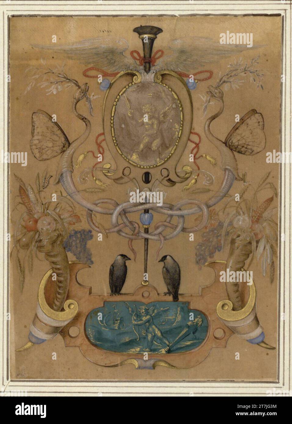 Joris Hoefnagel grotesk mit geflügelten Schlangen. Stift in Braun, Wasser und Deckfarbe, Gold, auf bräunlich getöntem, vorbereitetem Papier, imitierte das Pergament; schwarz-braune Rahmenlinie mit Goldresten 1594/95, Ergänzungen um oder nach 1608 Stockfoto