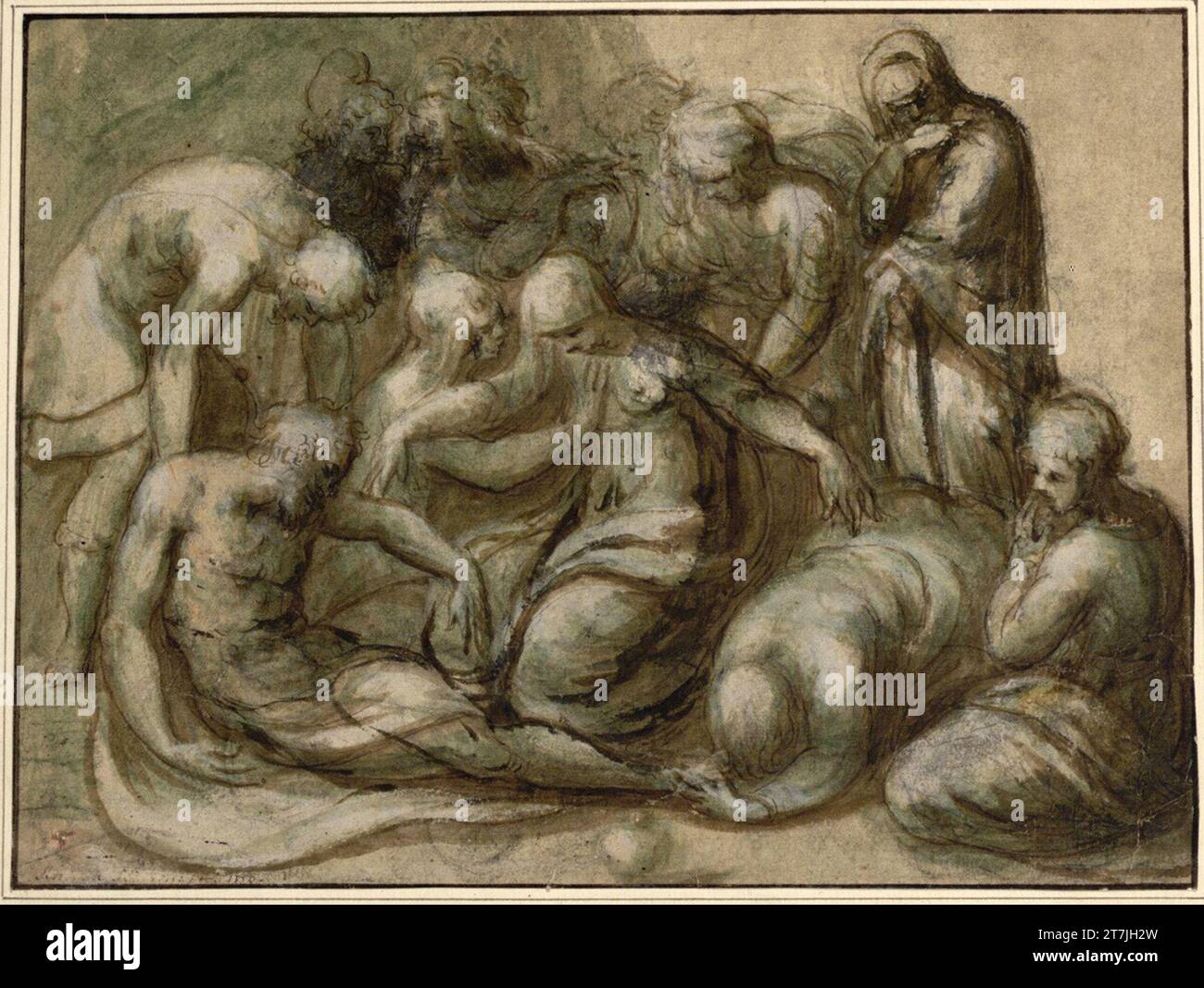 Andrea Meldolla Grab Christi. Metallstift, Kreide, Pinsel, braun und grün lavt, rot, gelb und blau lavier Spuren, hoch mit Deck weiß, auf bräunlichem Papier 1550 , 1550 Stockfoto