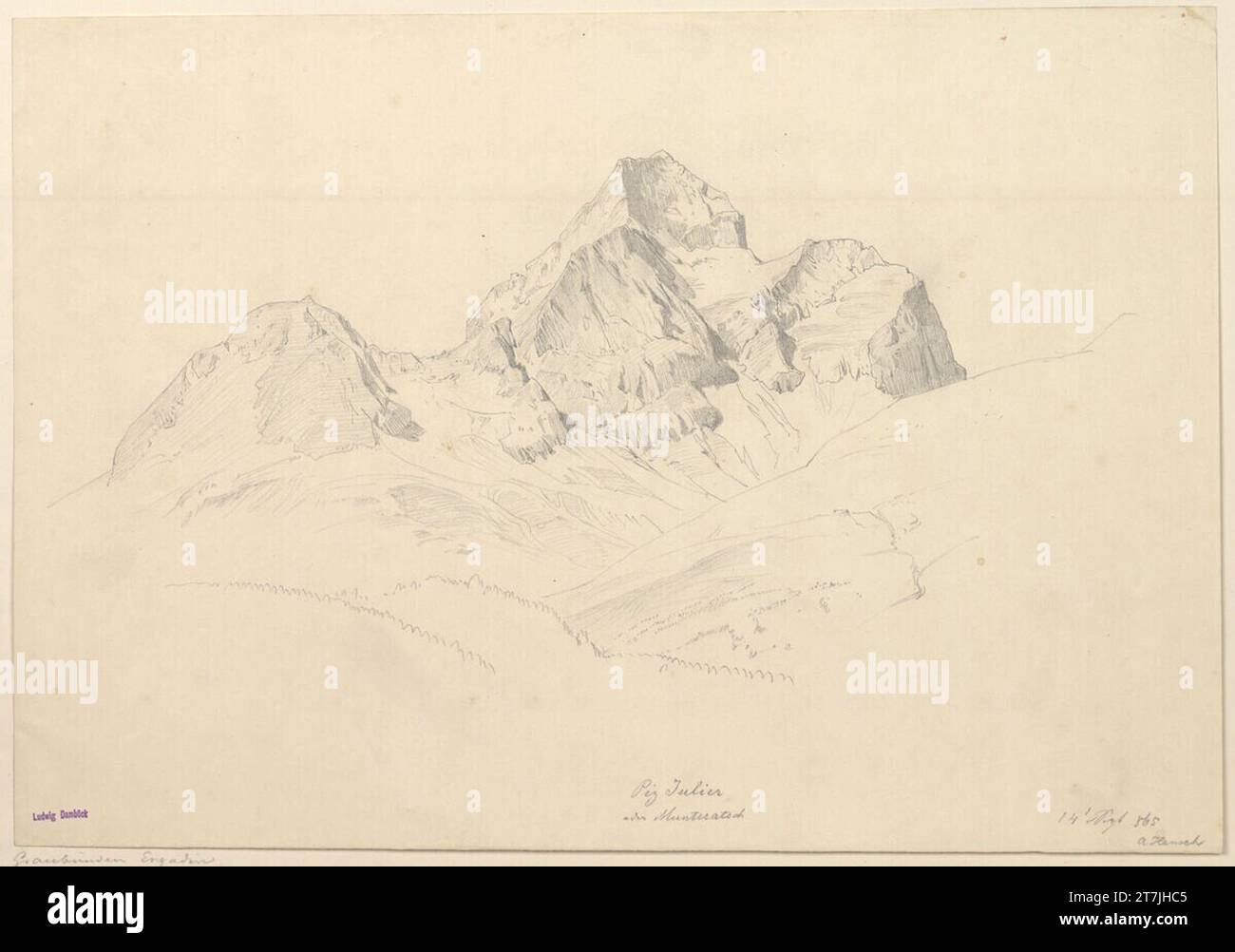 Anton Hansch Piz Julier am Hunteratsch im Engadin. Bleistift 1865 , 1865 Stockfoto