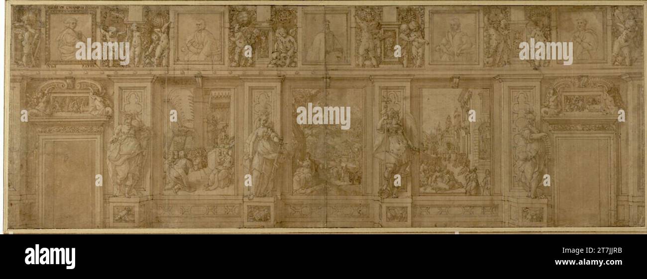 Antonio Maria Viani Entwerfen Sie eine Wanddekoration mit allegorischen Figuren, die drei historische Bilder einrahmen, einen Fries mit fünf Porträts, umgeben von spielenden Putts. Feder, lavt, weiß geschlagen, auf braunem Papier Stockfoto