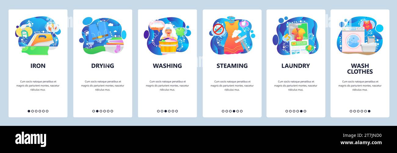 Onboarding-Bildschirme für mobile Apps. Wäschereiservice, Bügeleisen, chemische Reinigung, Dampfgaren, Waschmaschine. Menüvektorbanner-Vorlage für Website und Mobiltelefon Stock Vektor