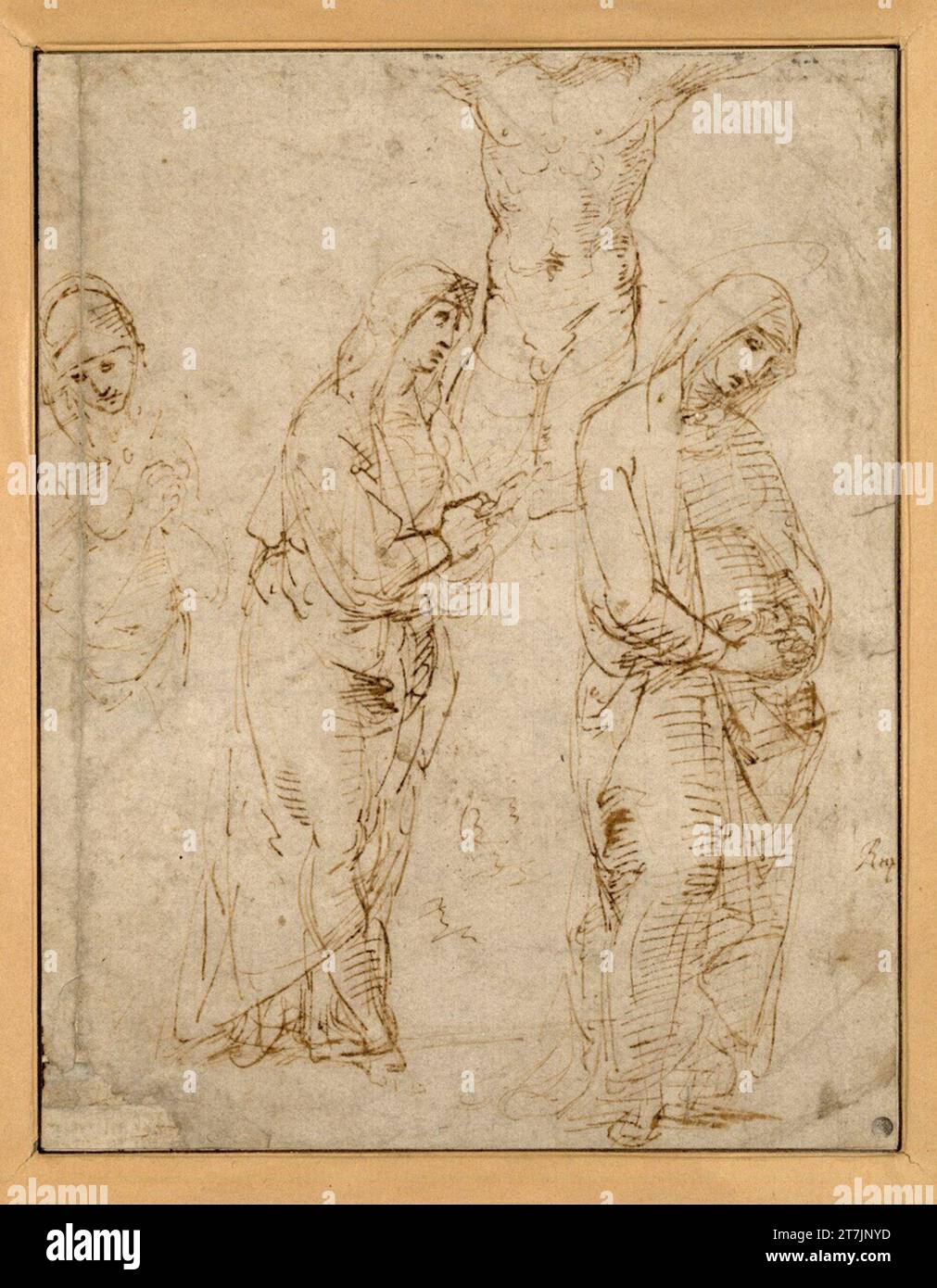 Raffaello Santi drei Studien über eine Madonna unter dem Kreuz. Feder, hellbraune Tinte um 1505/1506 Stockfoto