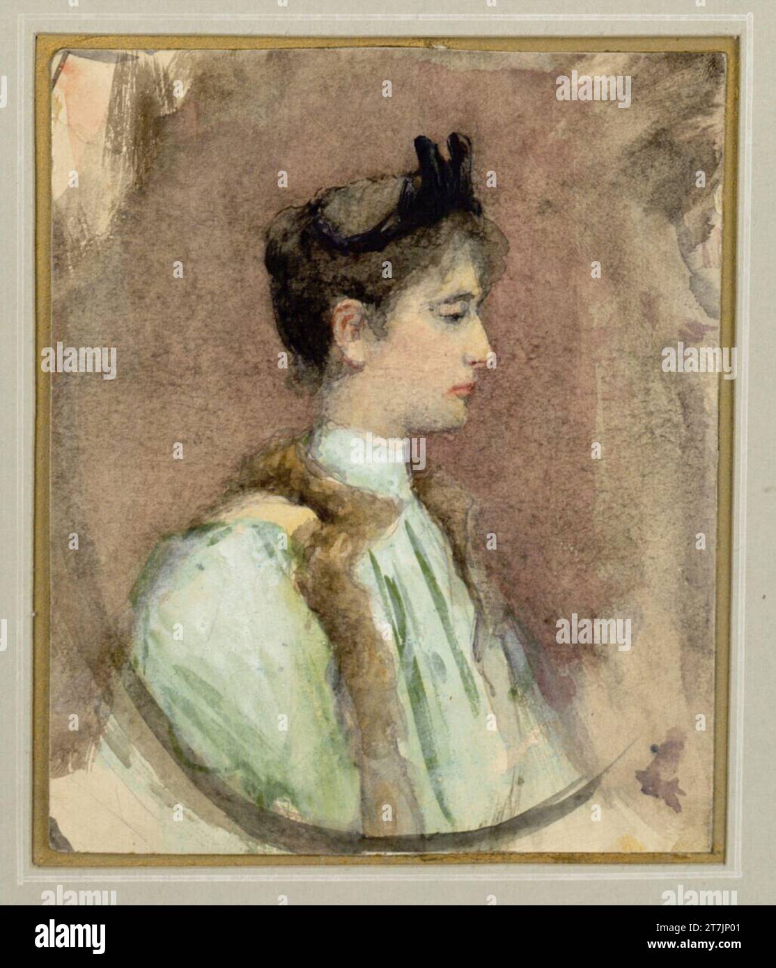 Ludwig Sigmundt Lady in einem grünen Kleid im Profil rechts. Aquarell Stockfoto