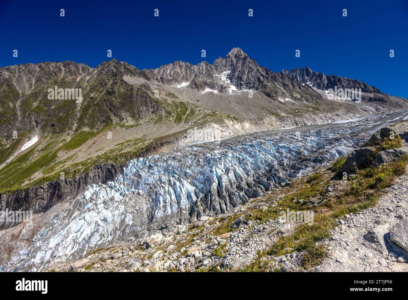 Gletscher Argentiere, Gletscher d'Argentiere im Chamonix Valley Apls. Riesiges Eisserak und Gletscherspalte in den Alpen wunderschöne Landschaft im Sommer, Grand Montes Stockfoto