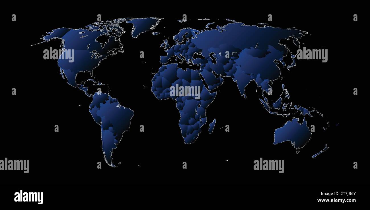 Dunkelblaue Weltkarte auf schwarzem Hintergrund Stock Vektor