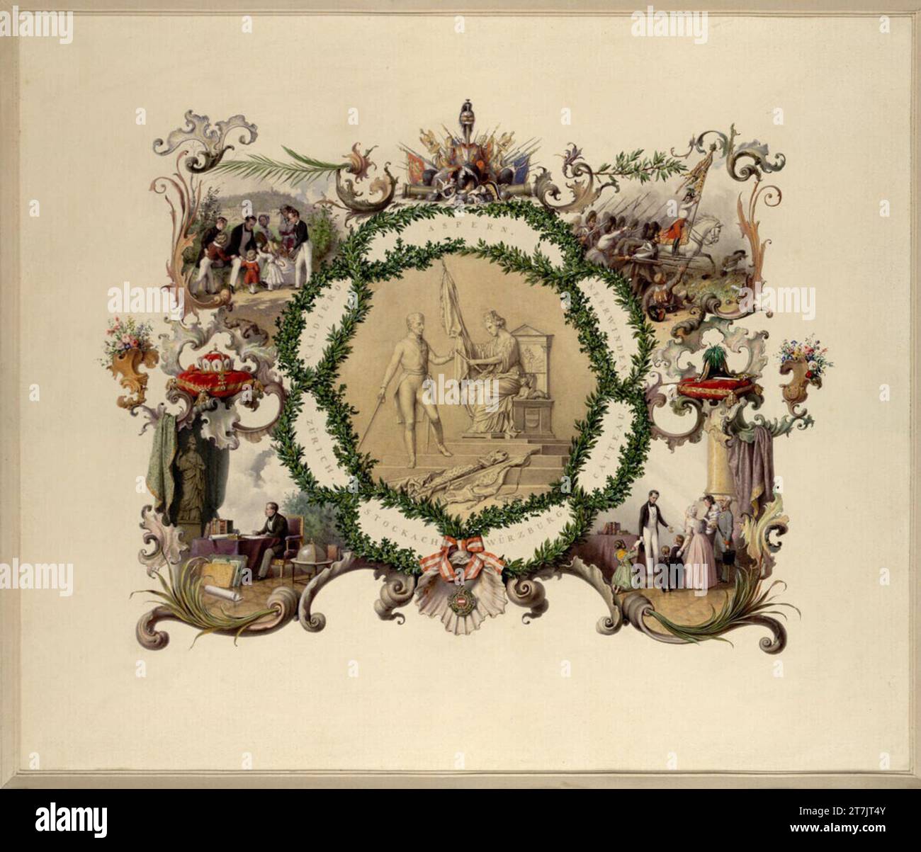 Leander Russ allegorische Widmung an Erzherzog Carl. Aquarell, Deckweiß steigt, Glanz steigt (Spuren einer Bleistiftverordnung) 1843 , 1843 Stockfoto