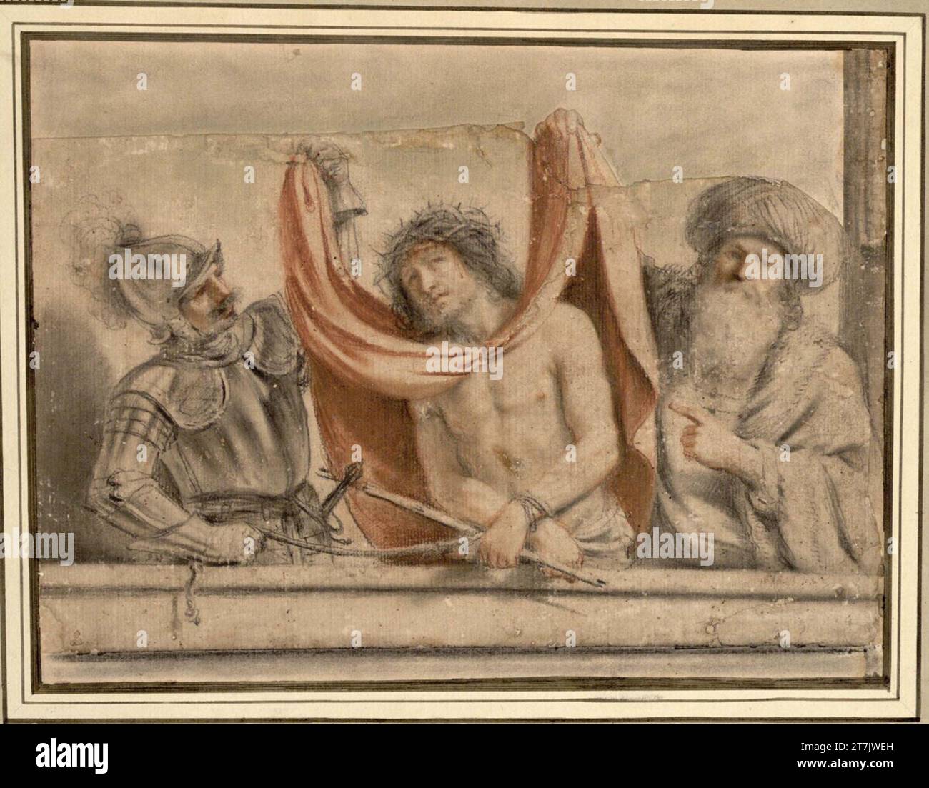 Anonym siehe, der Mann. Kreide; Rote Kreide; gewischt; unregelmäßig oben geschnitten; die Rechte des Pilatus in Kreide und rötlich auf dem kompatiblen Papier; ... Stockfoto