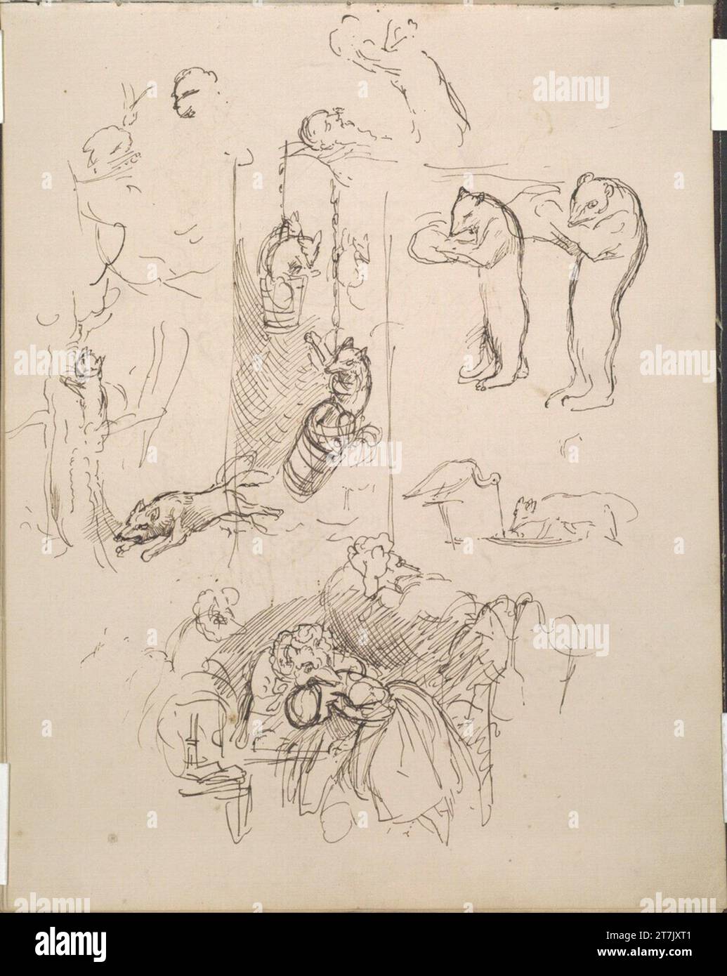Moritz von Schwind skizziert die Münchner Bildblätter: „Der Bär jagt die Mücke seiner Nase“, „der Wolf isst den roten Käpchen“ und „Wolf und Fuchs im Brunnen“. Feder in Braun 1849-1850, 1849/1850 Stockfoto
