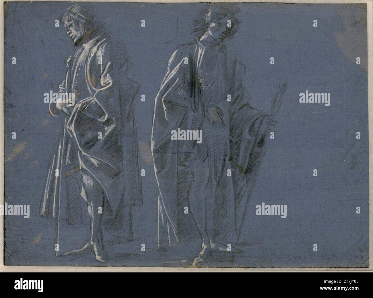 Anonym zwei stehende Mäntelfiguren. (Einer ist links, die rechte Figur vorne mit dem Schwert nach rechts gedreht). Metallstift; weiß gewachsen; teilweise oxidiert; blau grundiertes Papier Stockfoto