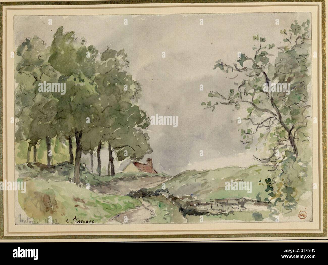 Camille Pissarro Landschaft bei pontoise. Aquarell, schwarze Kreide 1872, 1872 Stockfoto