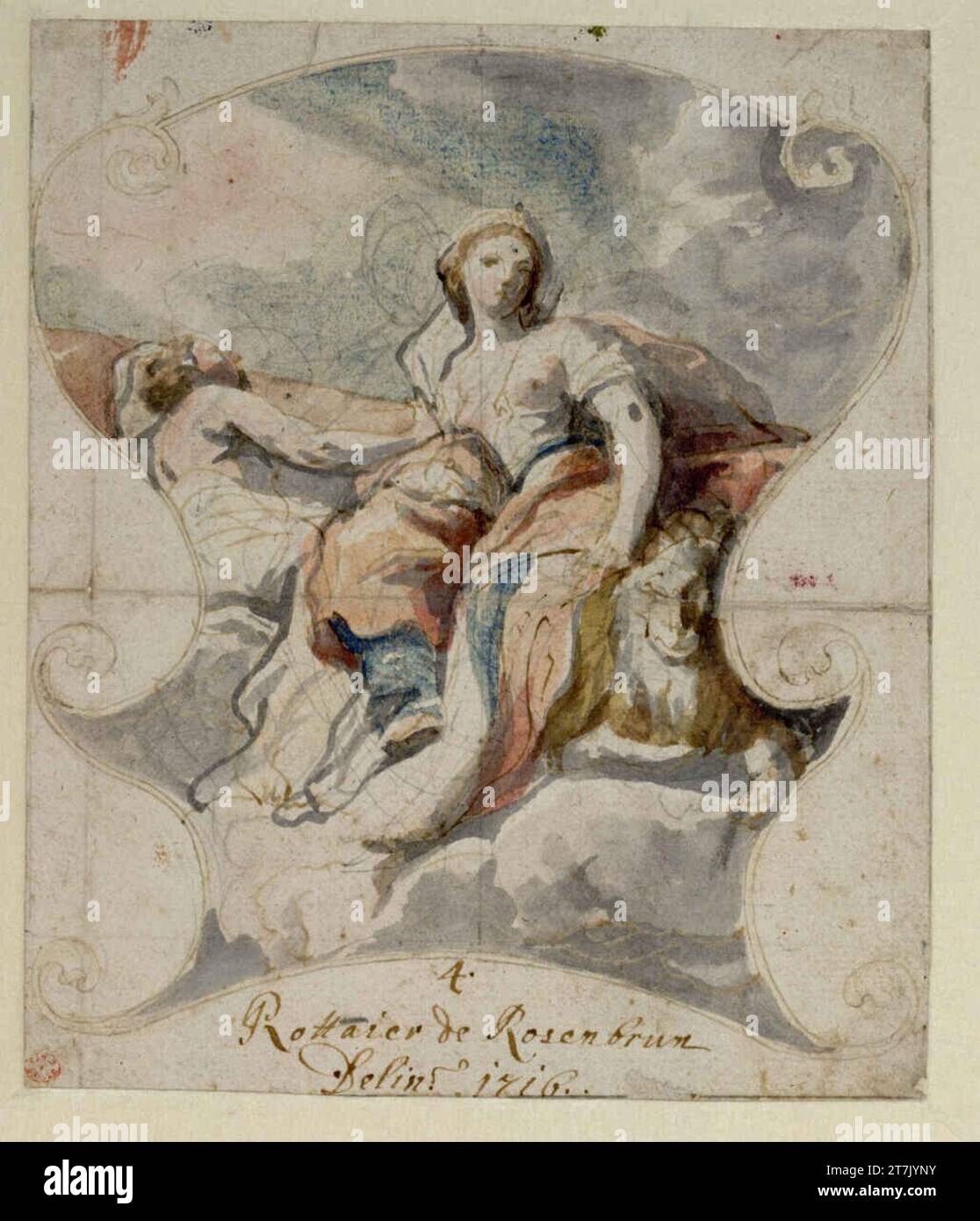 Johann Michael Rottmayr Allegory of Tapvery (Entwurf für ein Deckenbild?) Bleigriff, Feder in hellbraun, Aquarell. 1716 , 1716 Stockfoto