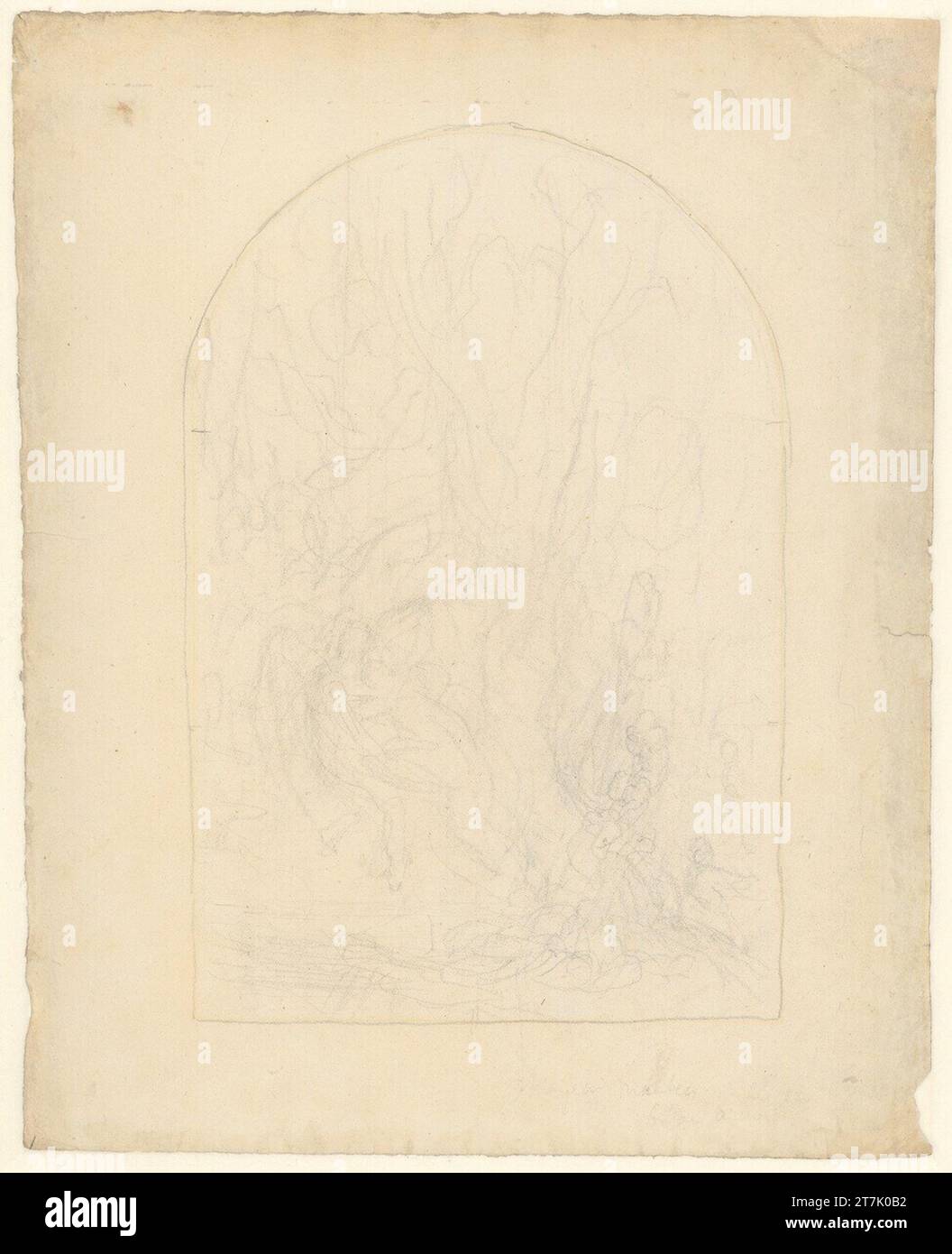 Eugène Delacroix Jakob ringt mit dem Engel (Entwurf für die Wandmalereien in der Chapelle des Saints-Sang in Saint-Sulpice, Paris). Bleistift, gerahmt mit Bleistift in der tympanonartigen Form des Wandgemäldes 1850 , 1850 Stockfoto