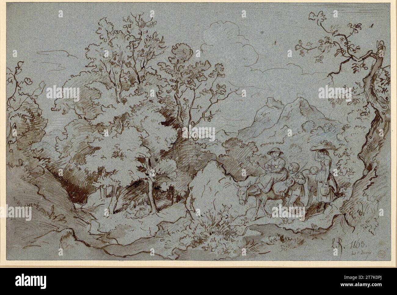Ludwig Richter zwei Landfrauen mit Kindern und ein Esel ziehen durch eine bewaldete Berglandschaft. Feder in Braun, Lavat und Aquarell, mit weißer Kreide hoch, über Bleistiftspuren, auf blauem Papier 1863 , 1863 Stockfoto