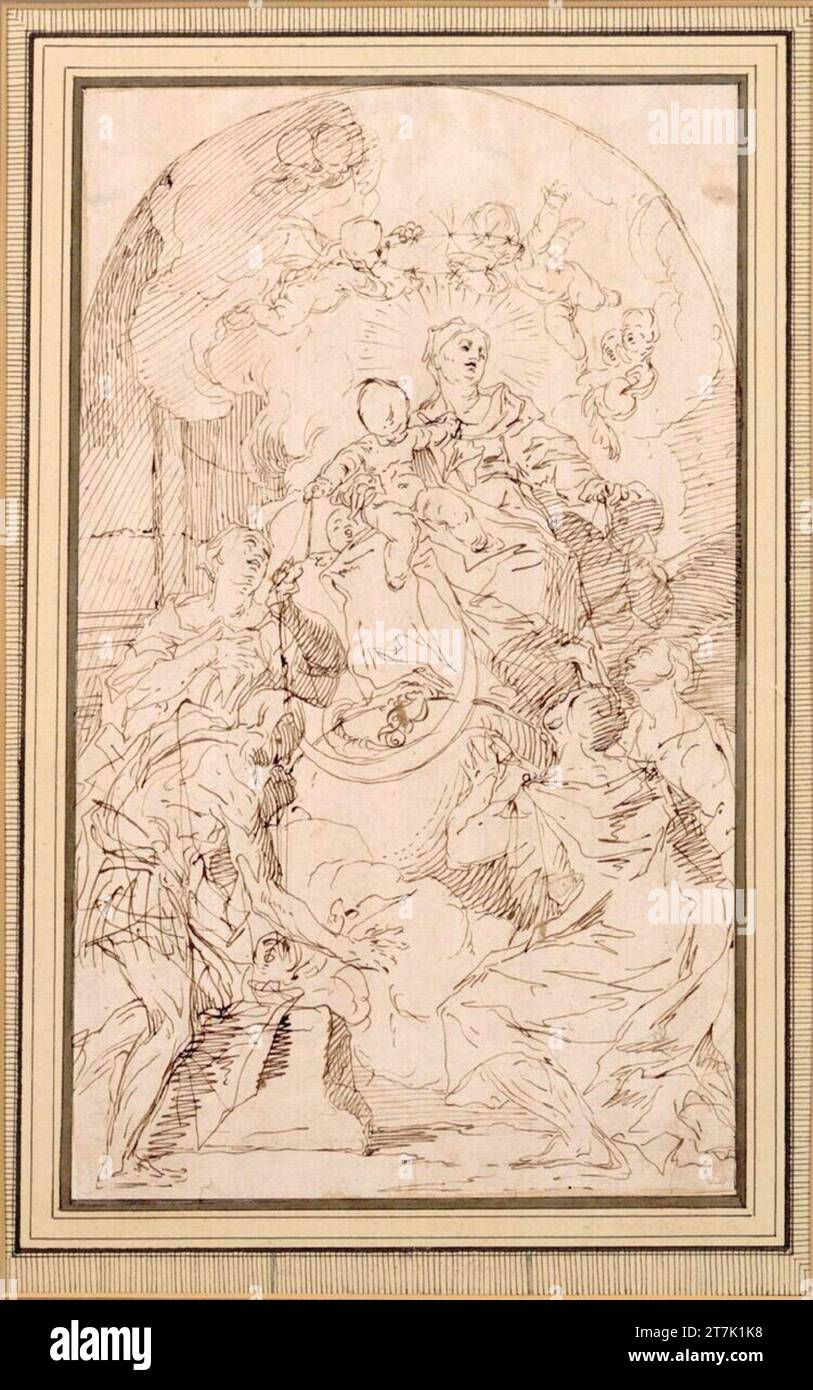 Paul Troger Anbetung der rosenkranzmadonna mit dem Kind durch fünf Heilige und Märtyrer. Feder in Braun um 1755 Stockfoto