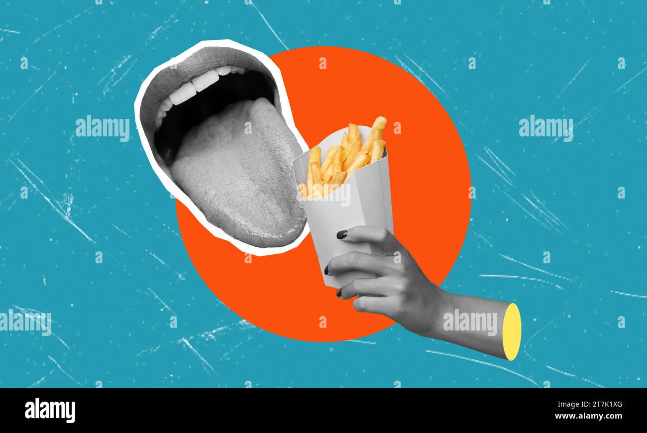 Der Mund isst Pommes frites. Zeitgenössische Kunstcollage. Food-Konzept, Geschmack, Surrealismus, Kreativität, Fast Food. Pop-Art-Stil. Poster, Werbung Stockfoto