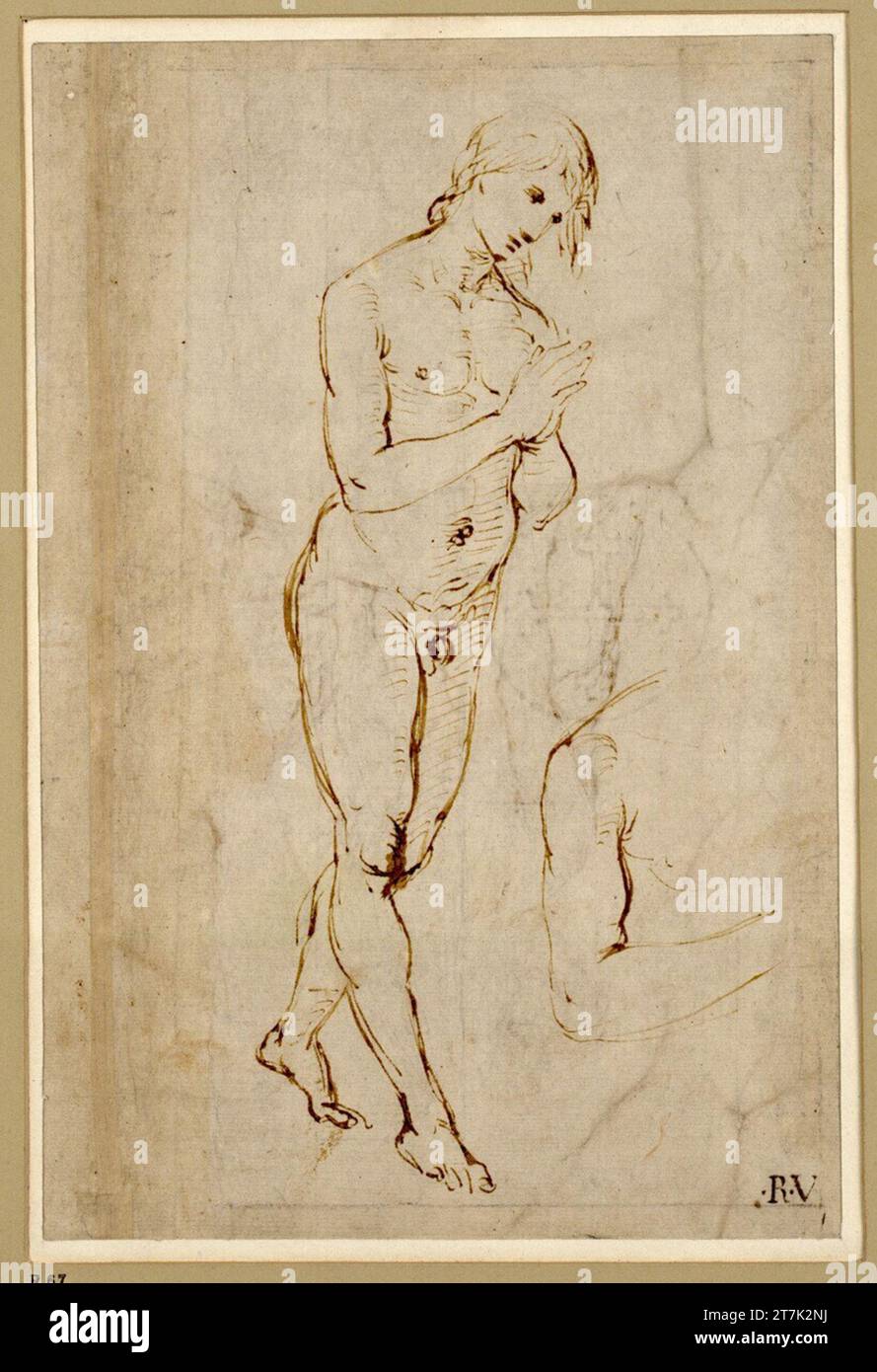 Raffaello Santi Cidewaying Kreuzung mit gefalteten Händen. Feder in Braun über einem Fussel Spezifikation um 1505/1506 Stockfoto