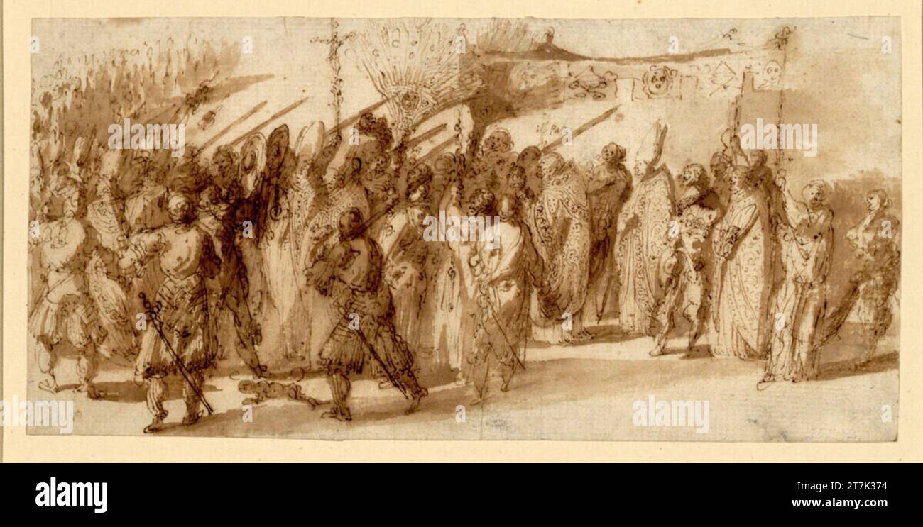 Fabrizio Boschi spirituelle Prozession nach links. Vor einem Baldachin wird die mit Federn verzierte Monstranz und das Kreuz getragen; davor und dahinter hoher Geistlicher, geschützt von Soldaten. Feder, Tinte, lavt Stockfoto