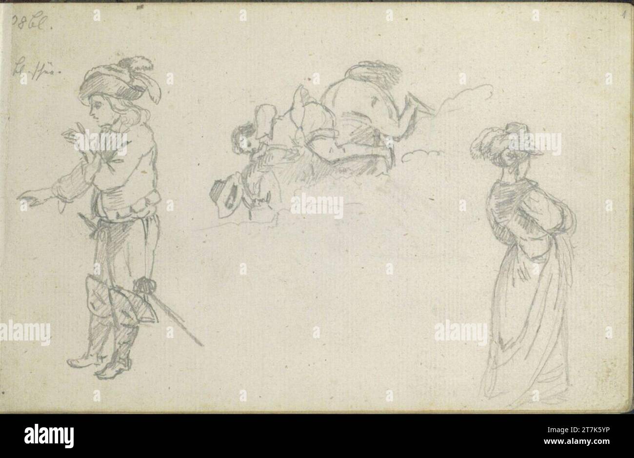 Friedrich Gauermann Studium eines Adligen, einer adligen Dame; Skizze eines fallenden Reiters. Bleistift (Skizzenbuch: 1826 - 1848) Stockfoto