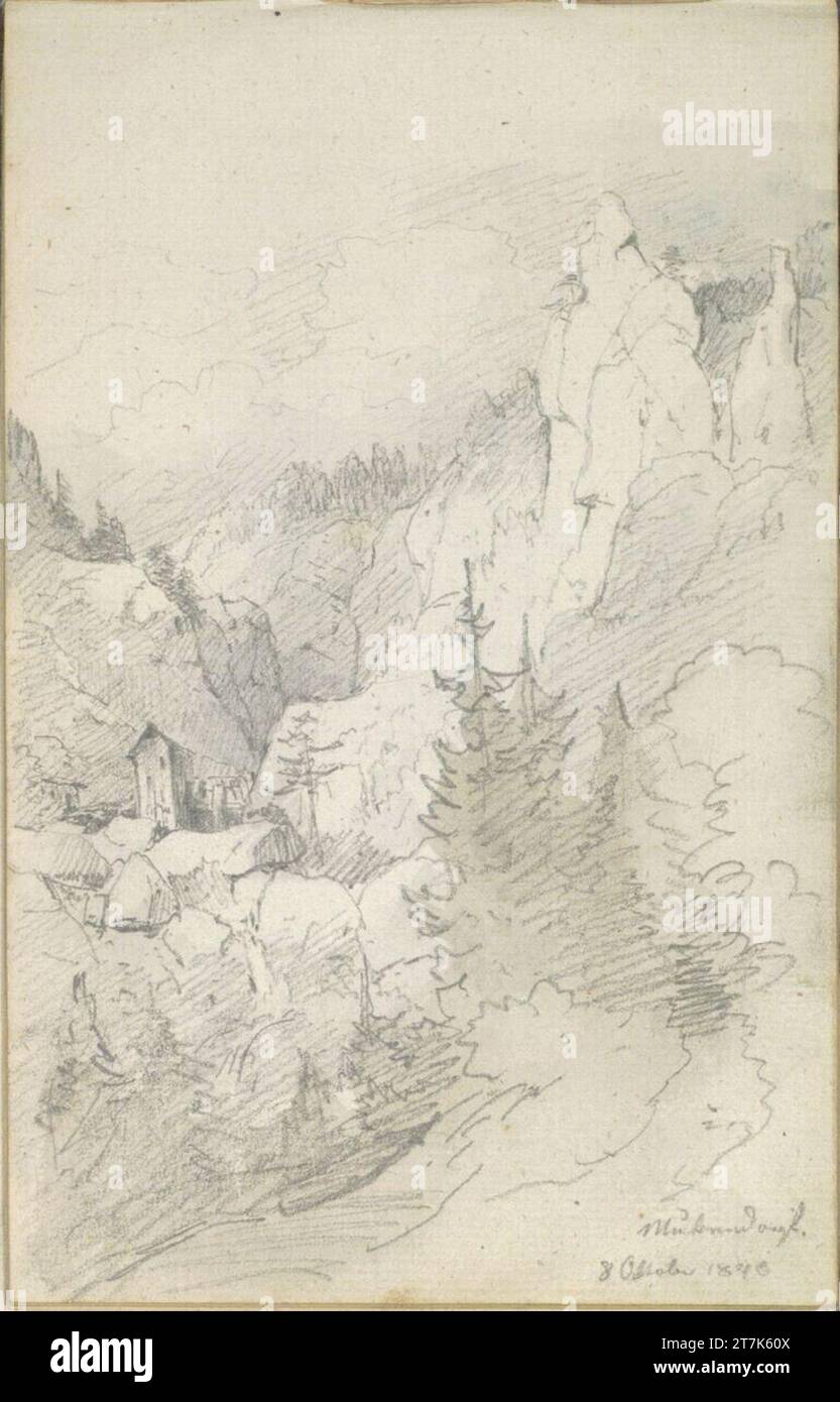 Friedrich Gauermann Wald und Felsenlandschaft (Muckendorf?) Bleistift, Aquarell, laved 8.10.1840 (Sketchbook: 1826 - 1848) Stockfoto