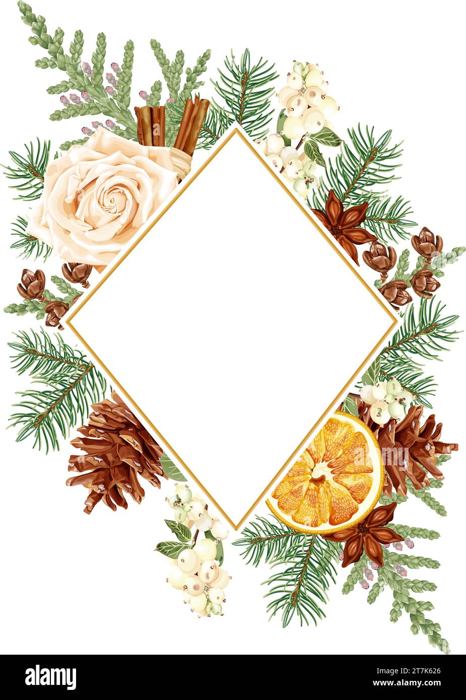 Weihnachtsrahmen mit Rosenblüte, getrockneter Orange, Tanne, Thuja, Tannenzapfen, Schneebeere, Zimt und Anis. Stock Vektor