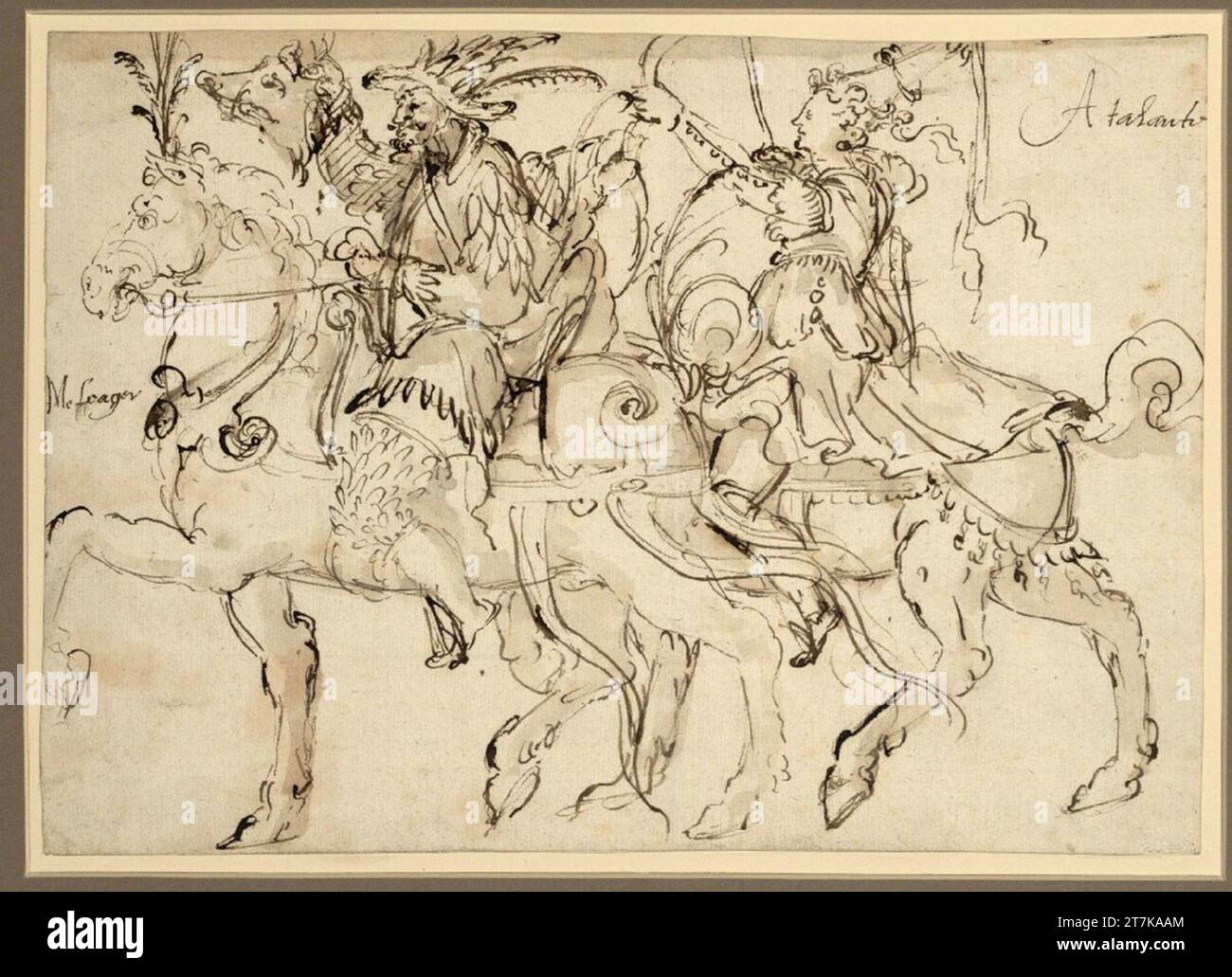 Georges Lallemand Melager und Atalante. Führungsspuren, Feder, Tinte, Pinsel, Grau und Ocker lavt Stockfoto