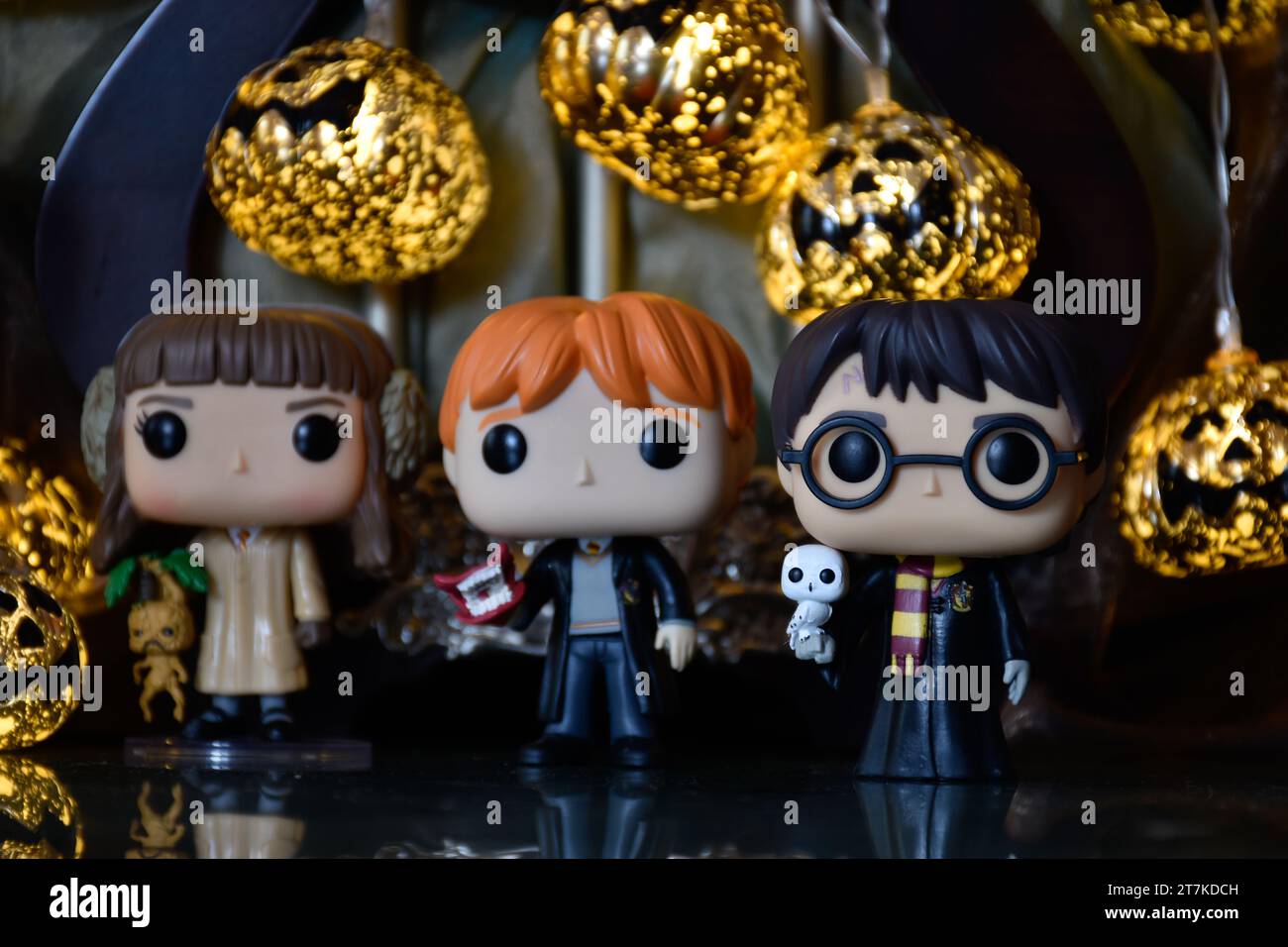 Funko Pop Actionfiguren von Hermine Granger, Ron Weasley und Harry Potter. Halloween Kürbislichter, dunkler Palast, geheimnisvoll, magische, gruselige Saison. Stockfoto