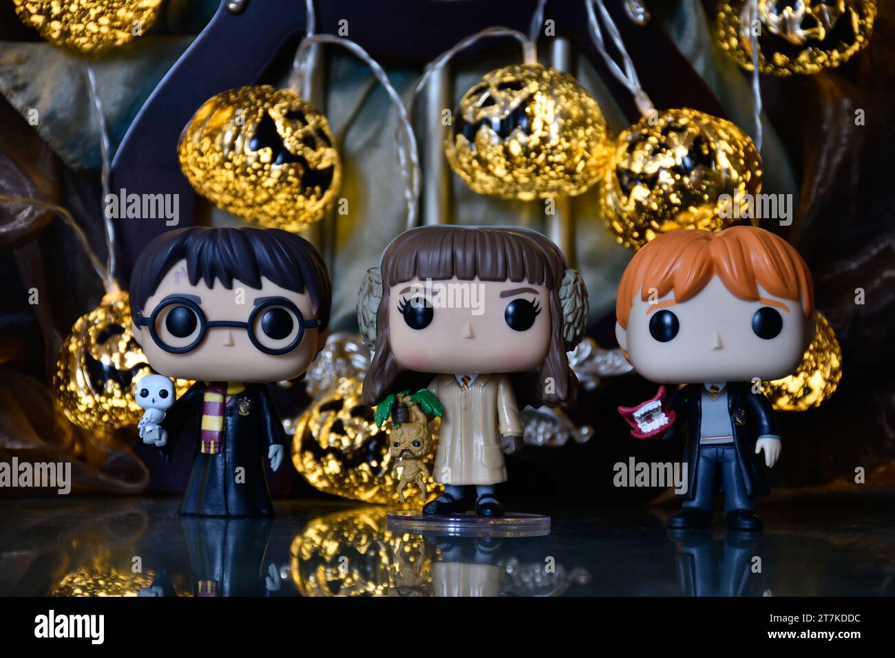 Funko Pop Actionfiguren von Harry Potter, Hermine Granger und Ron Weasley. Halloween Kürbislichter, dunkler Palast, geheimnisvoll, magische, gruselige Saison. Stockfoto