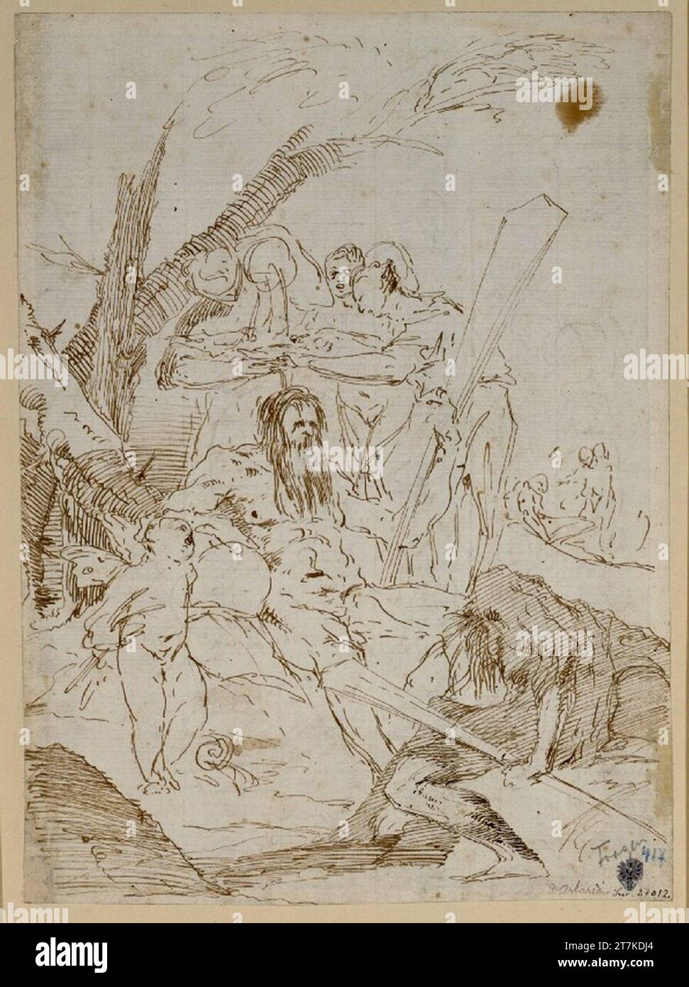 Paul Troger River Allegorien und Nymphen in einer Landschaft. Feder in Braun, Bleigriffel Stockfoto