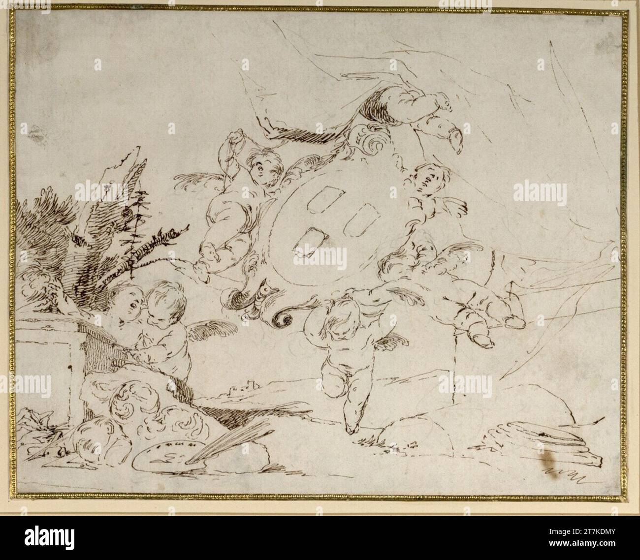 Paul Troger Putten mit einem Wappen und den Attributen der drei bildenden Künste. Brauner Pen vor 1726 Stockfoto