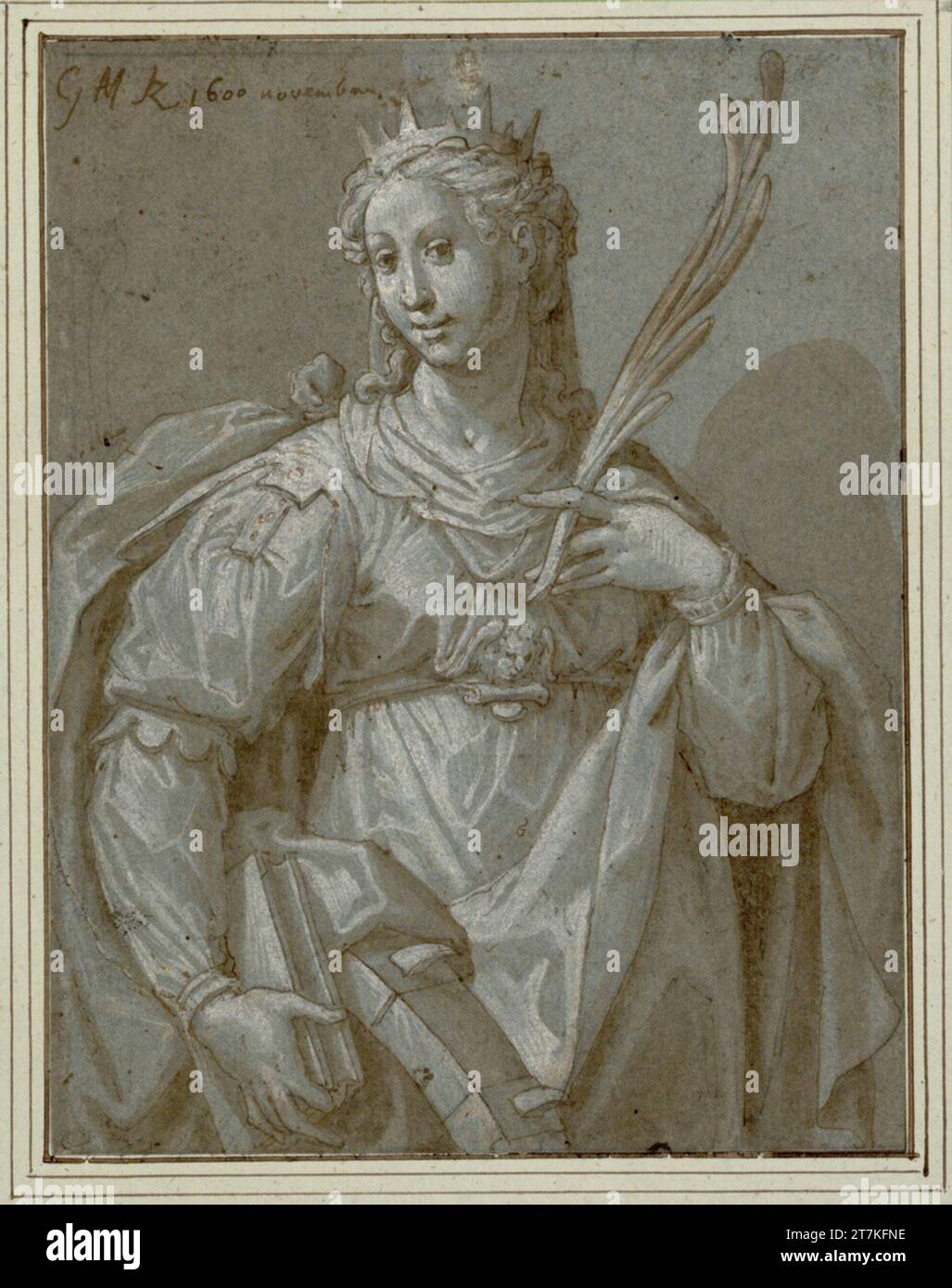 Giovanni Mauro della Rovere Halbfigur der St. Katharina von Alexandria. Feder; laviert; weiß gewachsen; blau-graues Papier Stockfoto